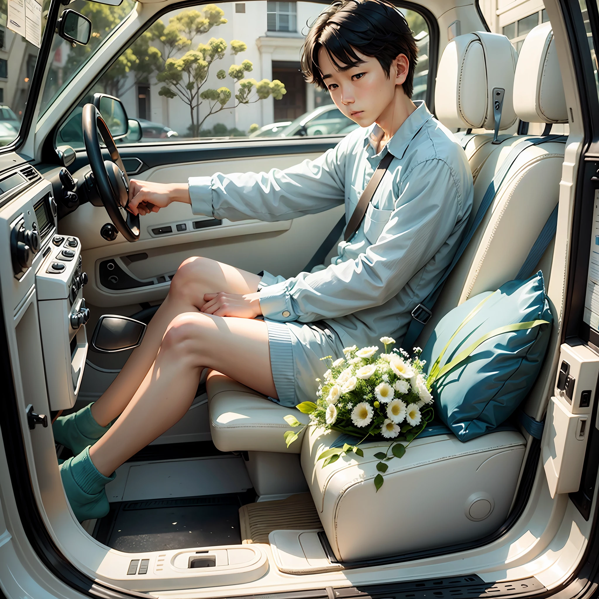 A boy sitting in car filled with flowers, art by Rinko Kawauchi,in the style of zeiss batis 18mm f/2.8, light indigo and light beige, nostalgic charm, white and green, mote kei, oshare kei，The light should be soft, dreamy and romantic setting，8k --ar 9:16 --auto --s2