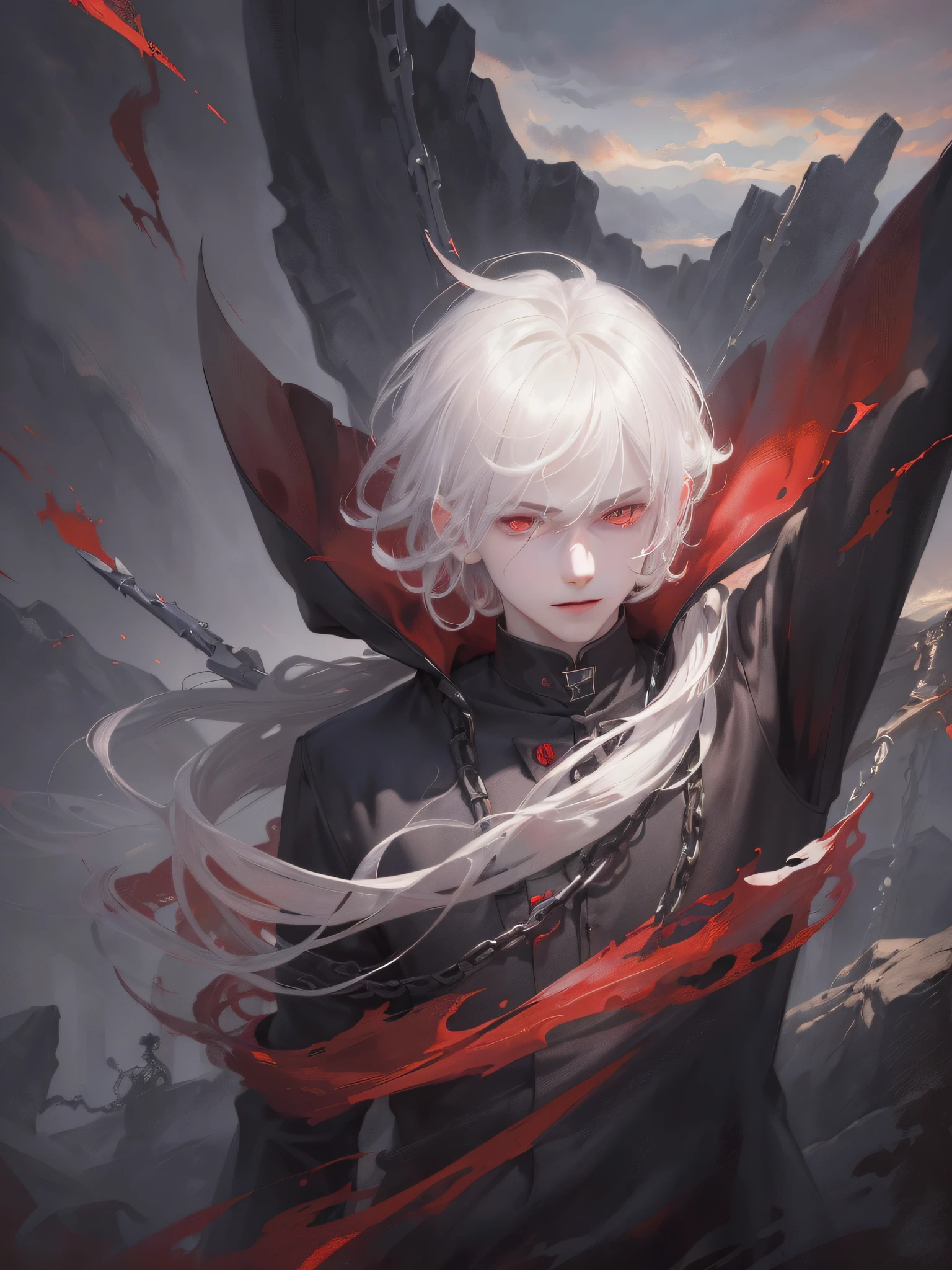 (detailed and beautiful CG art, high resolution, masterpiece, best quality),(dramatic illumination, shadows and highlights perfectly captured, an extremely delicate and beautiful),

[(((young devil boy)), sharp teeth, pale skin, crimson eyes, black horns),(mischievous smile, intimidating aura), black and red long robe with hood,]