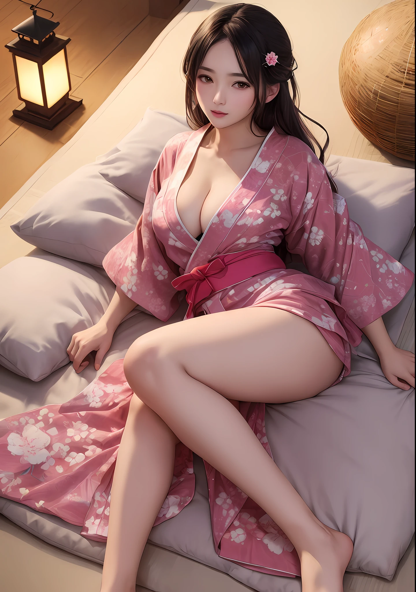 ((top quality, 8k, masterpiece: 1.3)), cute 1 woman with perfect figure: 1.4, slender figure, (wearing a yukata with pink cherry floral pattern: 1.5), (lying on a futon, pale light of the lantern), highly detailed face and skin texture, detailed eyes, double eyelids, emphasizing cleavage, showing a glimpse of thighs, flickering thighs, flickering, Fresh lips, fresh skin, very beautiful bare feet, wearing a yukata instead of a swimsuit.