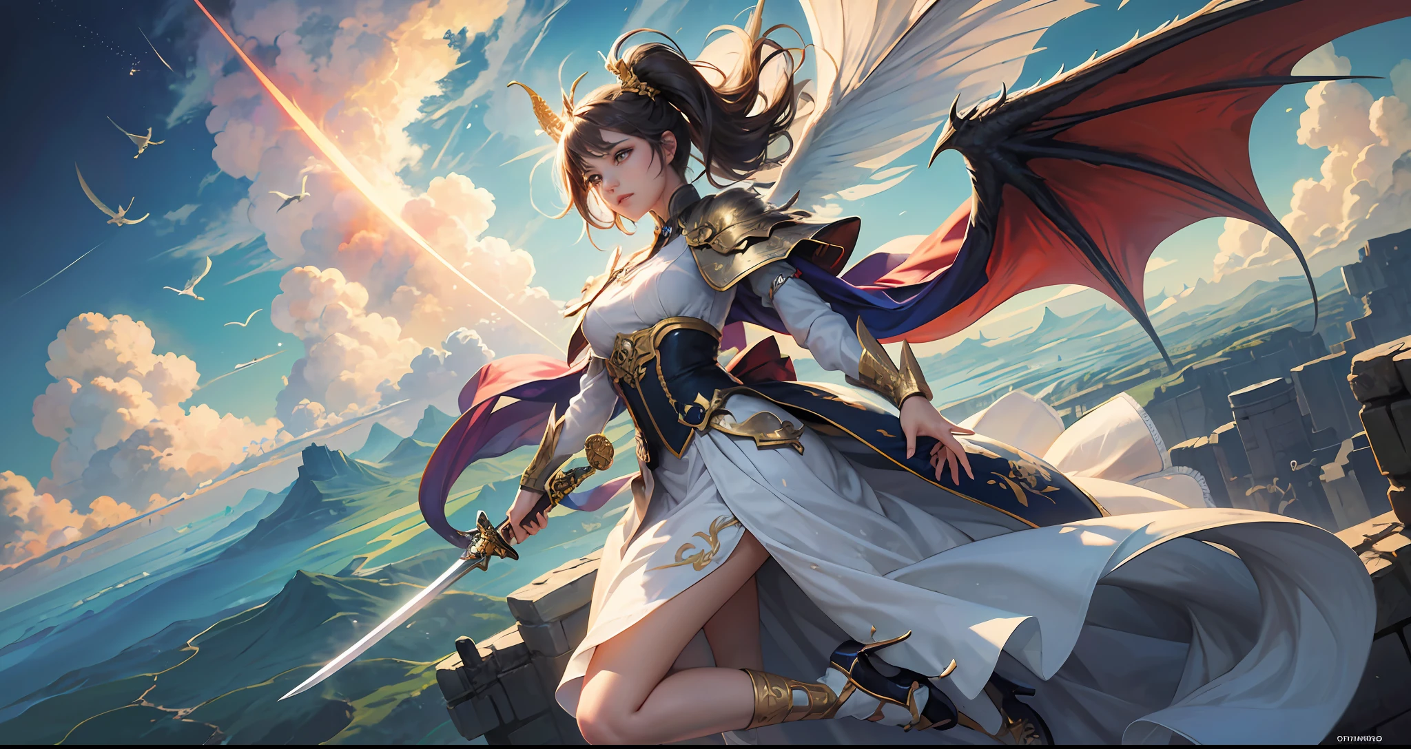 As she glided through the air, full body, cinematic, ultra detail, the ancient girl felt the wind rush past her delicate features. Her sword was held firmly in her hand, ready for any challenge that may come her way. Her brown eyes sparkled with determination and focus as she soared higher and higher into the sky. She wore a stunning red traditional Chinese dress that flowed beautifully in the wind, adding to her ethereal appearance. The colors of the clouds around her were vibrant and ever-changing, creating a beautiful backdrop to her flight. Behind the clouds, a dragon could be seen, its powerful wings flapping as it followed her closely. The girl knew that the dragon was her protector, watching over her as she journeyed through the skies. Despite the danger that may lurk ahead, the girl felt a sense of freedom and peace as she flew on. She knew that with her sword and her dragon by her side, she was ready to face anything that may come her way. --auto --s2