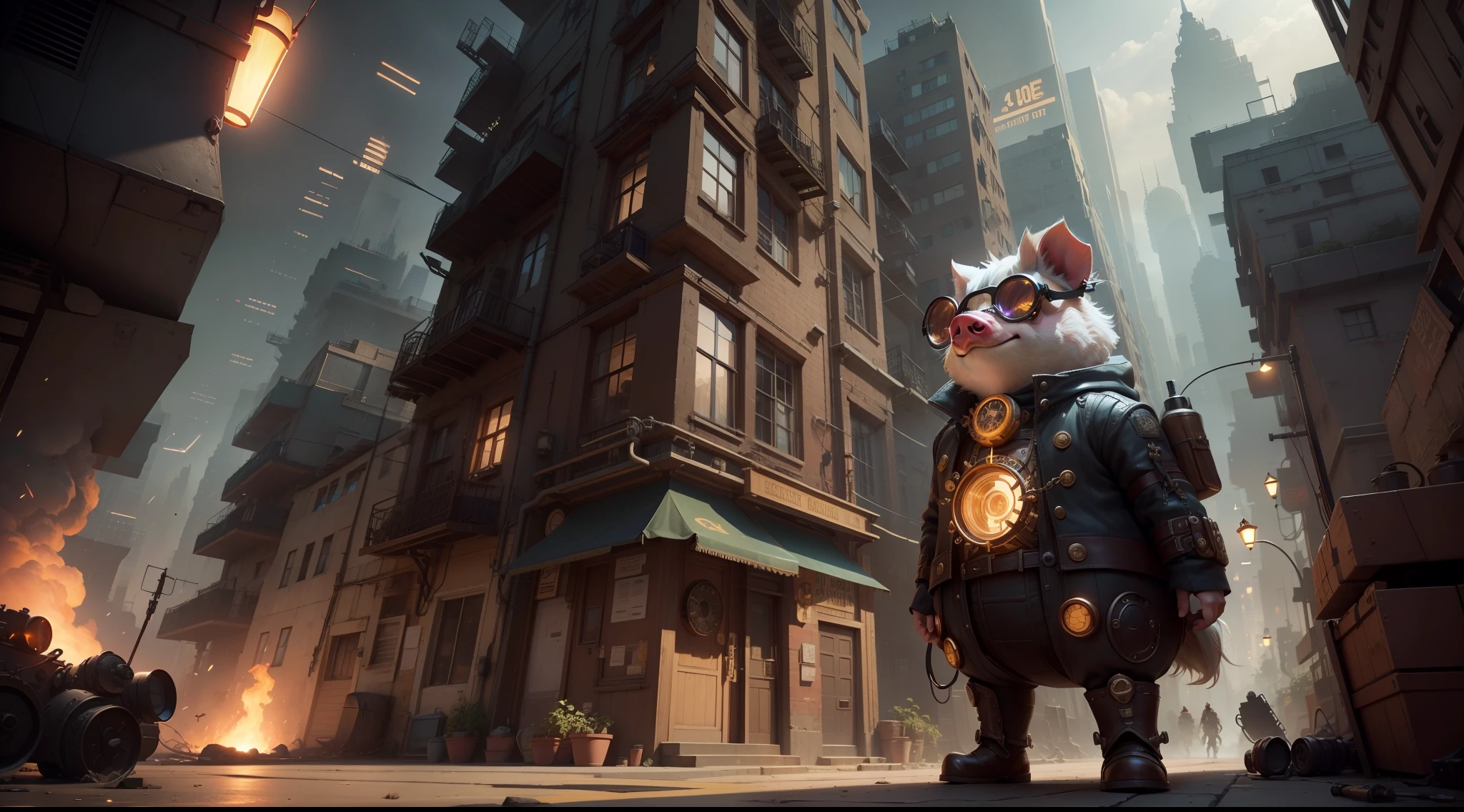 /imagine prompt: illustration of A Steampunk piglet wears laser glasses that emit lasers ,Steampunk::10, Laser glasses::12, Emit laser::11, rule of thirds composition::5, Bottom view::10, Unreal Engine::10, beautiful lighting::10, Dramatic light::8, Cinematic light::12, Fantasy::12, hyper quality::7, Cyberpunk street::10, Steampunk::13 --seed 33434521 --s 400 --q 2 --c 40