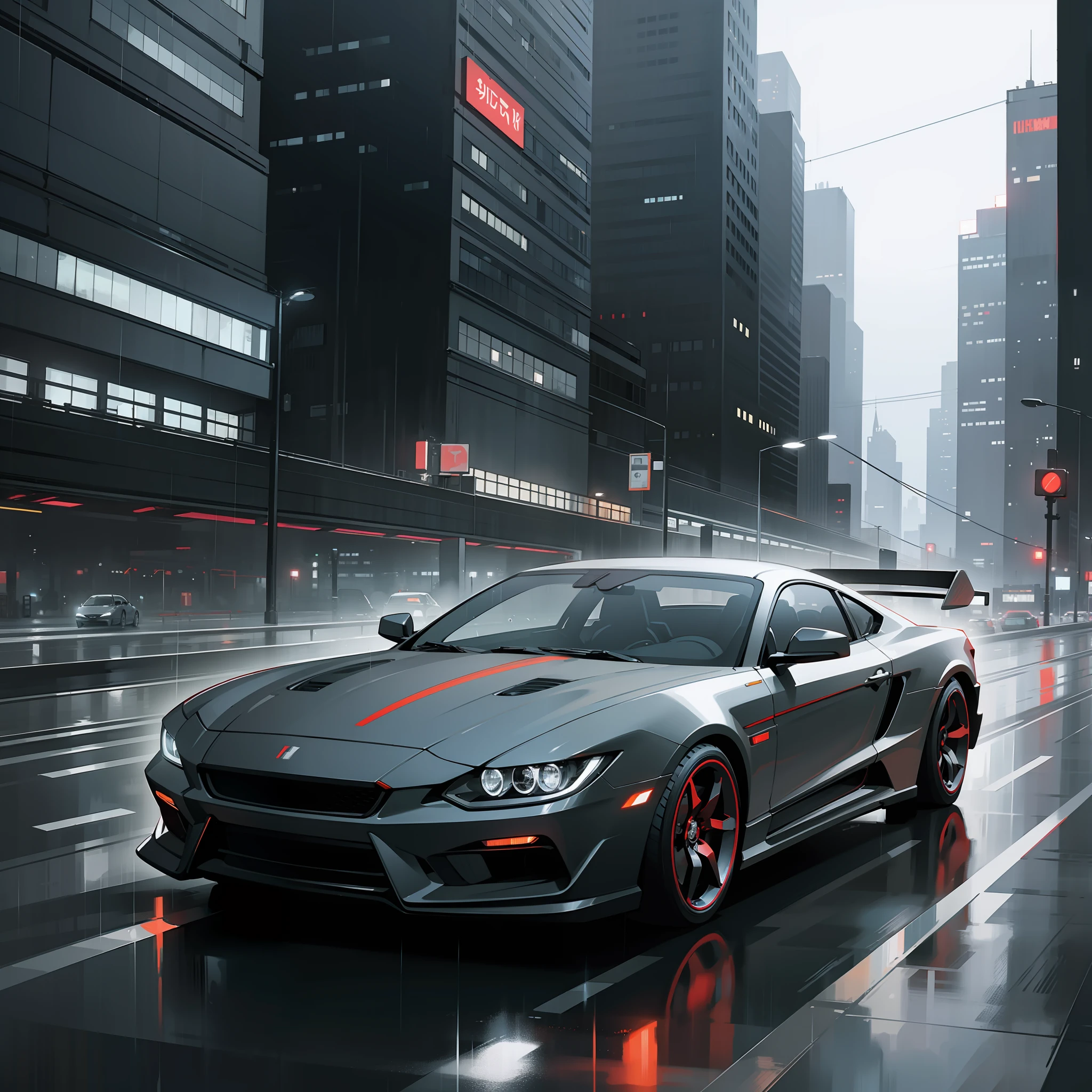 Cyberpunk style, dark night, city highway, car driving at high speed, empty surroundings, black sky, strong contrast in the environment, fast car speeding in traffic, rain --auto --s2