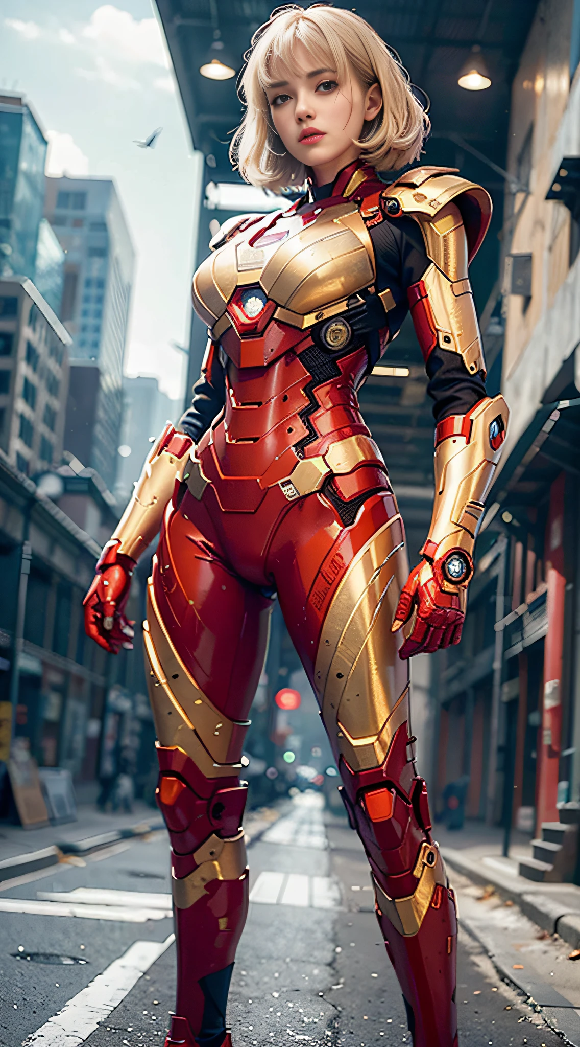 (1girl:1.3), solo, __body-parts__, official art, unified 16k wallpaper, super detailed, beautiful and aesthetic, beautiful, masterpiece, best quality, raw, masterpiece, super fine photo, best quality, super high resolution, photorealistic feeling, sunlight, full body portrait, amazing beauty, dynamic pose, delicate face, vibrant eyes, (viewed from the side), she is wearing futuristic Iron Man mech, red and gold color scheme, very detailed abandoned warehouse background , detailed face, detailed complex busy background, messy, gorgeous, milky white, highly detailed skin, realistic skin details, visible pores, sharp focus, volumetric fog, 8k uhd, DSLR, high quality, film grain, fair skin, photo realism, lomography, huge metropolis in futuristic dystopia, seen from below, translucent, war scene, full body photo