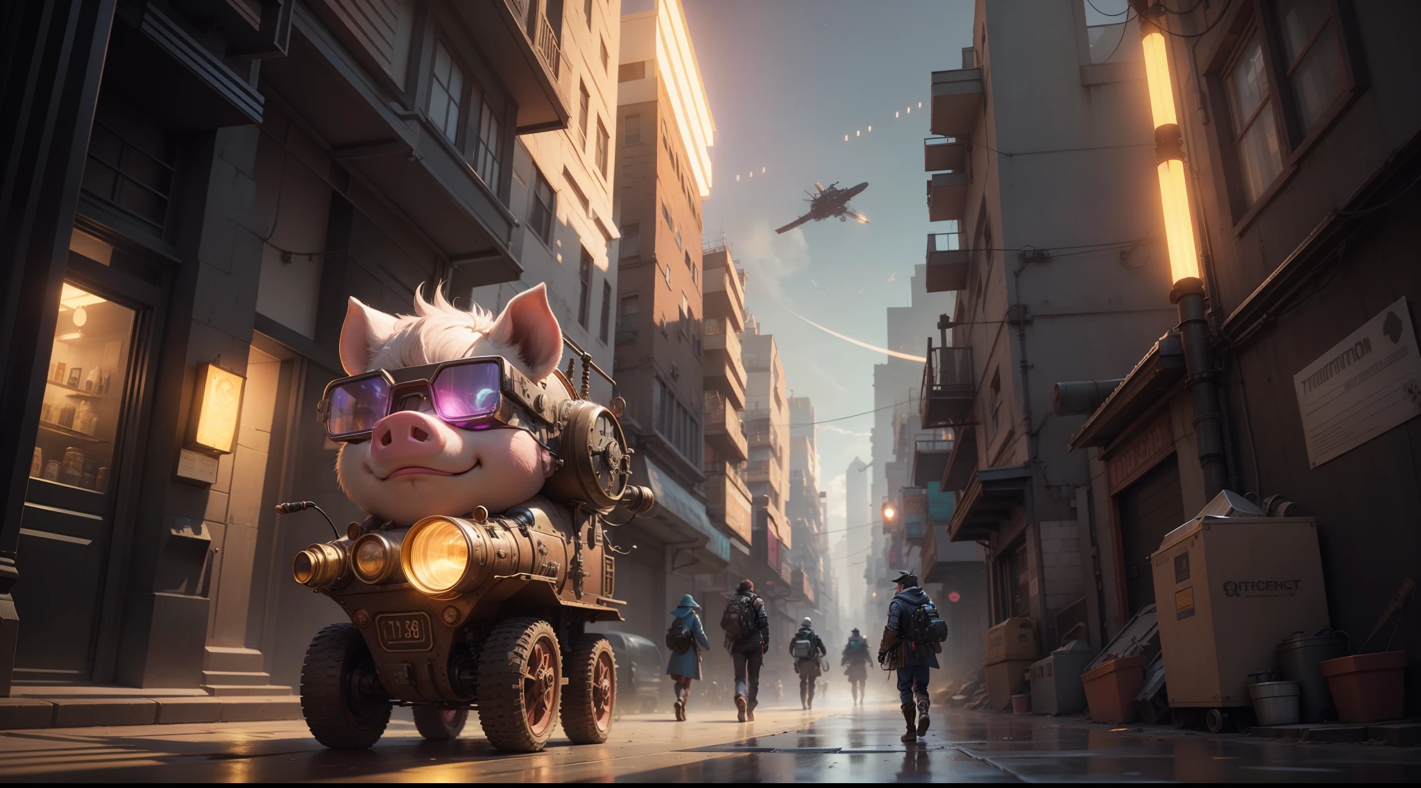 /imagine prompt: illustration of A Steampunk piglet wears laser glasses that emit lasers ,Steampunk::10, Laser glasses::12, Emit laser::11, rule of thirds composition::5, Bottom view::10, Unreal Engine::10, beautiful lighting::10, Dramatic light::8, Cinematic light::12, Fantasy::12, hyper quality::7, Cyberpunk street::10, Steampunk::13 --seed 33434521 --s 400 --q 2 --c 40
