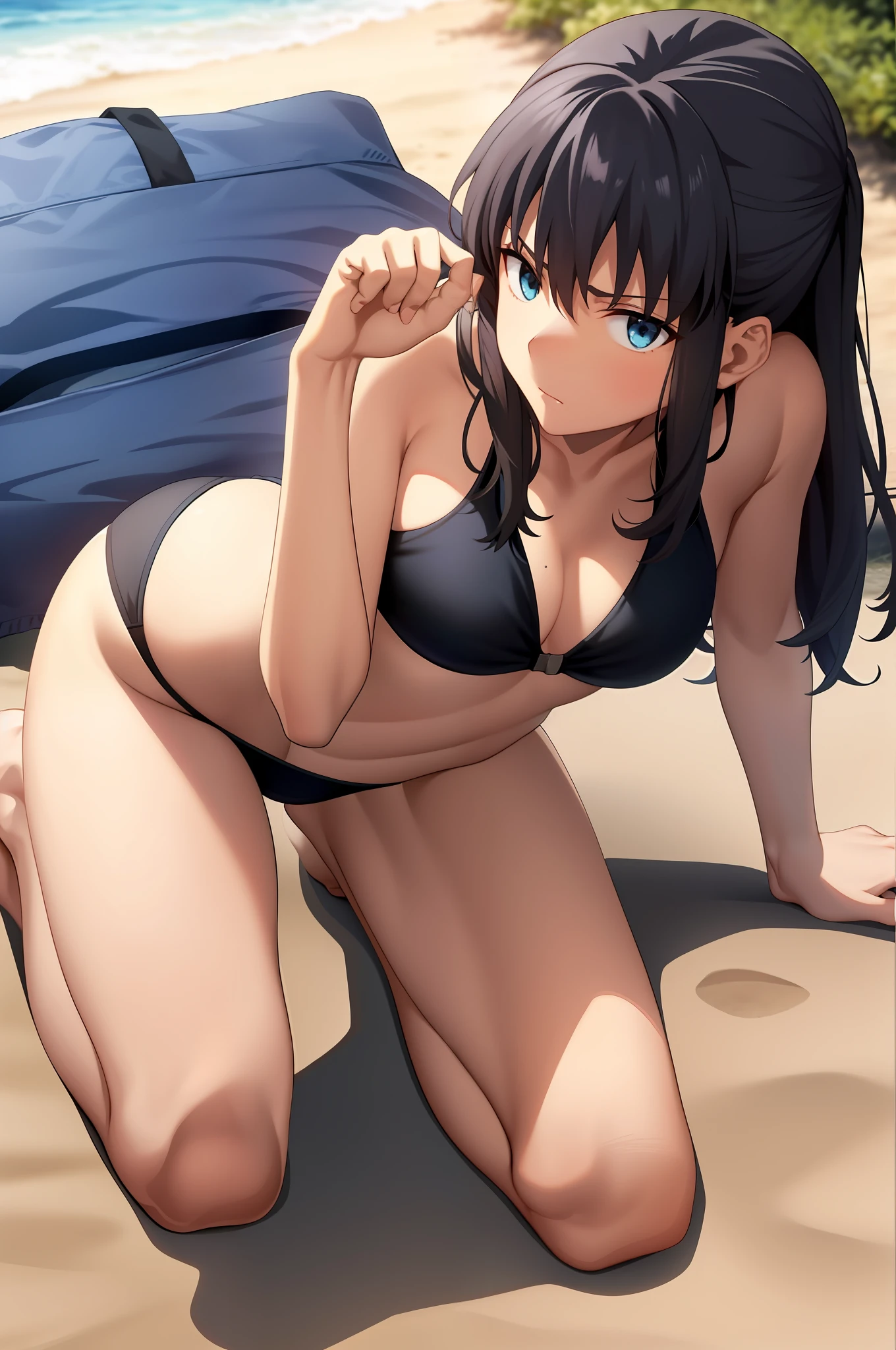 correct anatomy, ufotable style, best quality, 1girl, solo, sexy, looking at viewer, black bikini top, black bikini bottom, string bikini, black hair, wolfcut, medium length hair, blue eyes, hair between eyes, ufotable screen cap, full body, no shoes, showing feet, beach,