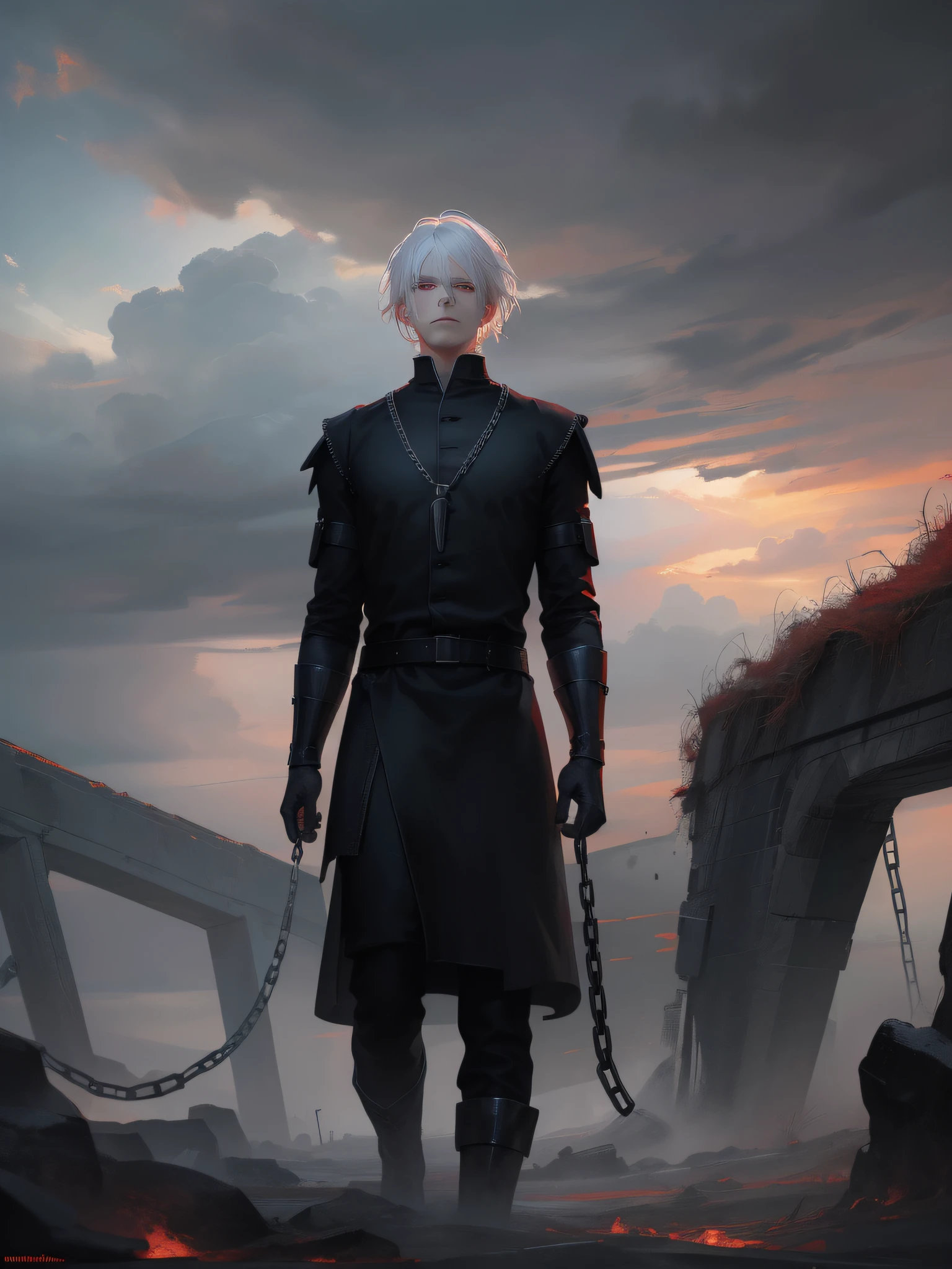 (Paint: masterful digital painting),(Quality: high definition),(Subject: young man with white hair and red eyes),(Scene: desolate landscape),(Atmosphere: ominous storm clouds),(Symbolism: chains of control),(Style: dark fantasy),(Language: pt)