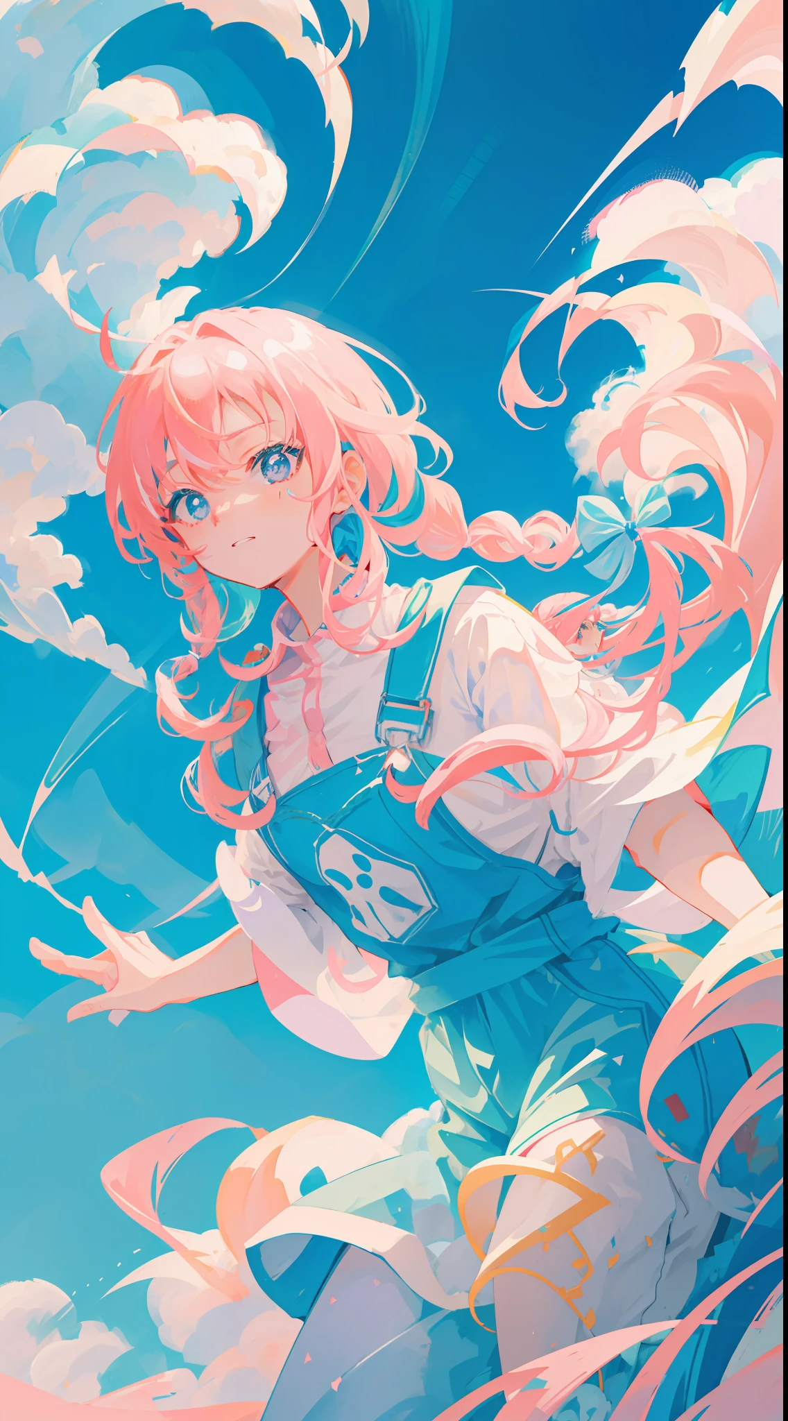 (Best Quality), Tsubasa Hakawa, Dynamic Angle, Japan Anime Illustration, Japan Girl, White Polo Shirt, Light Blue Overalls, Shining Blue Eyes, (Green and Pink Two-Tone Braid), Above the Clouds, Jump, Blue Sky, City