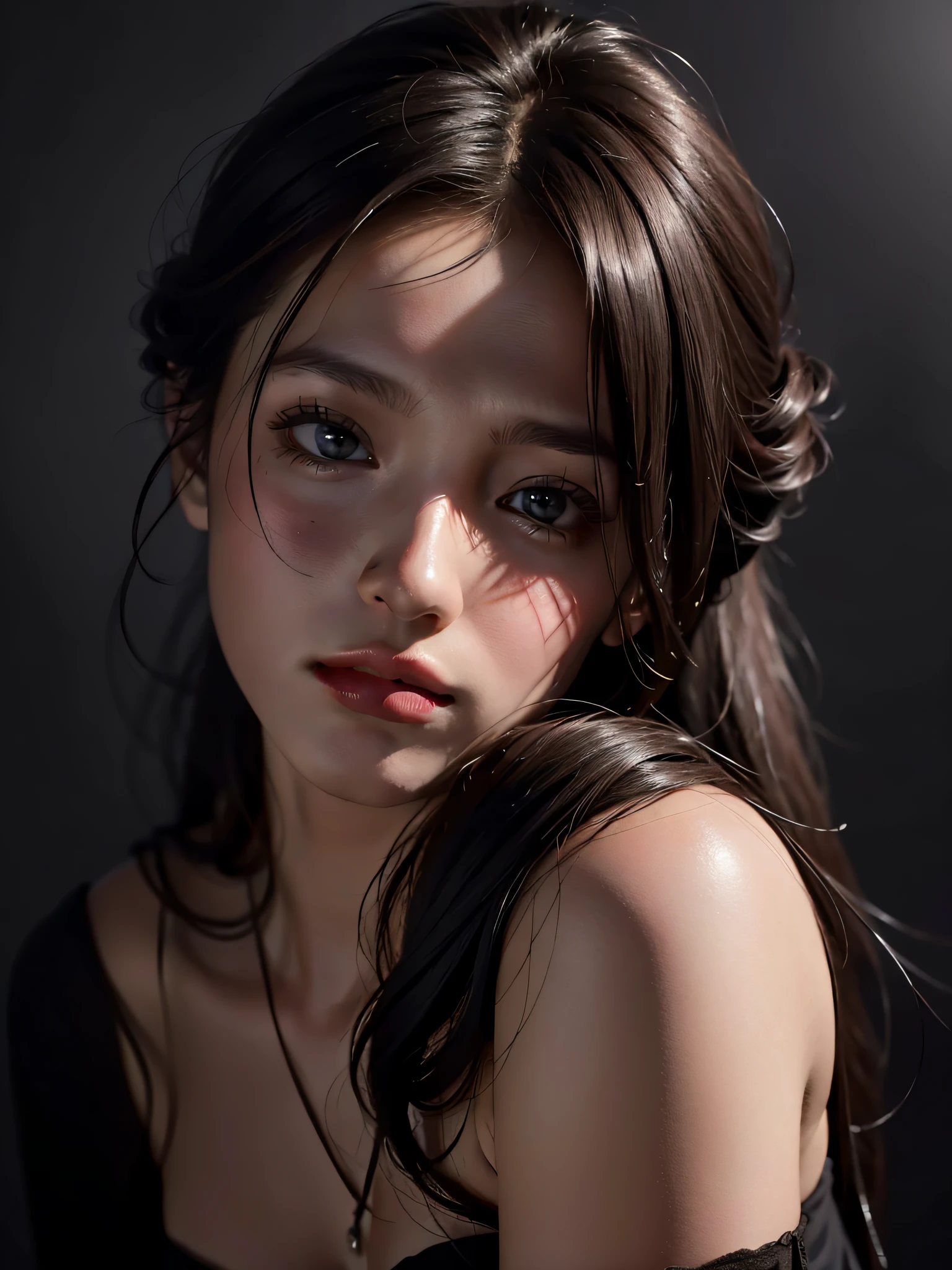 Best quality, masterpiece, ultra high res, (photorealistic:1.4), raw photo, 1girl, offshoulder, in the dark, deep shadow, low key, cold light