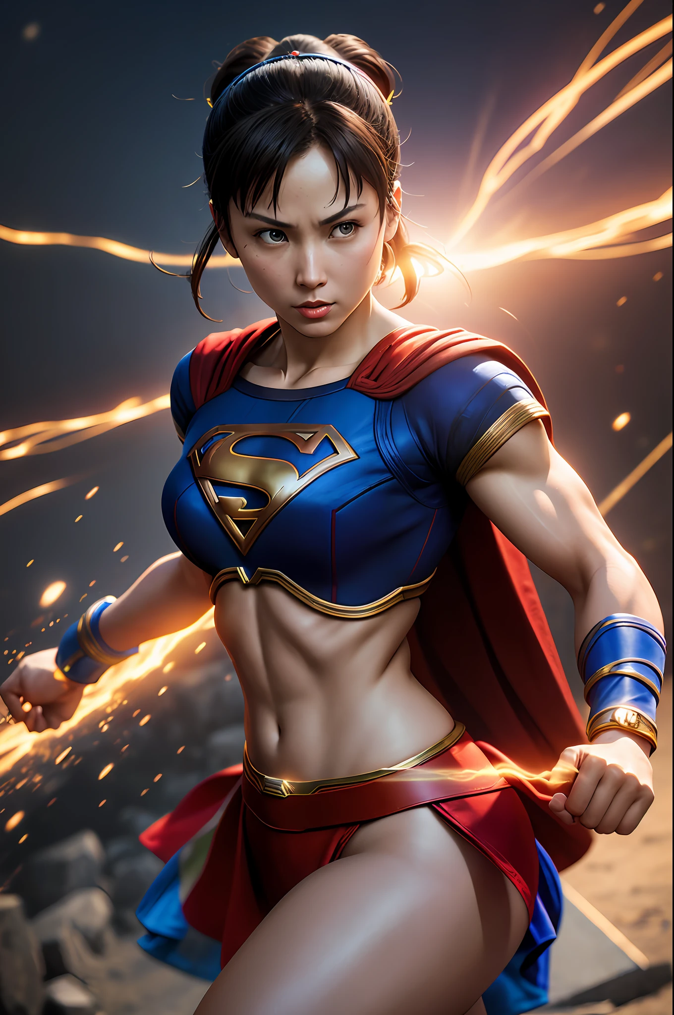 Street Fighter, a photo of a beautiful S032_chun li,como (supergirl:1.1), in (Metropolis:1.2), (8k, RAW photo, best quality, ultra high resolution, photorealistic, masterpiece, ultra-detailed, Unreal Engine)