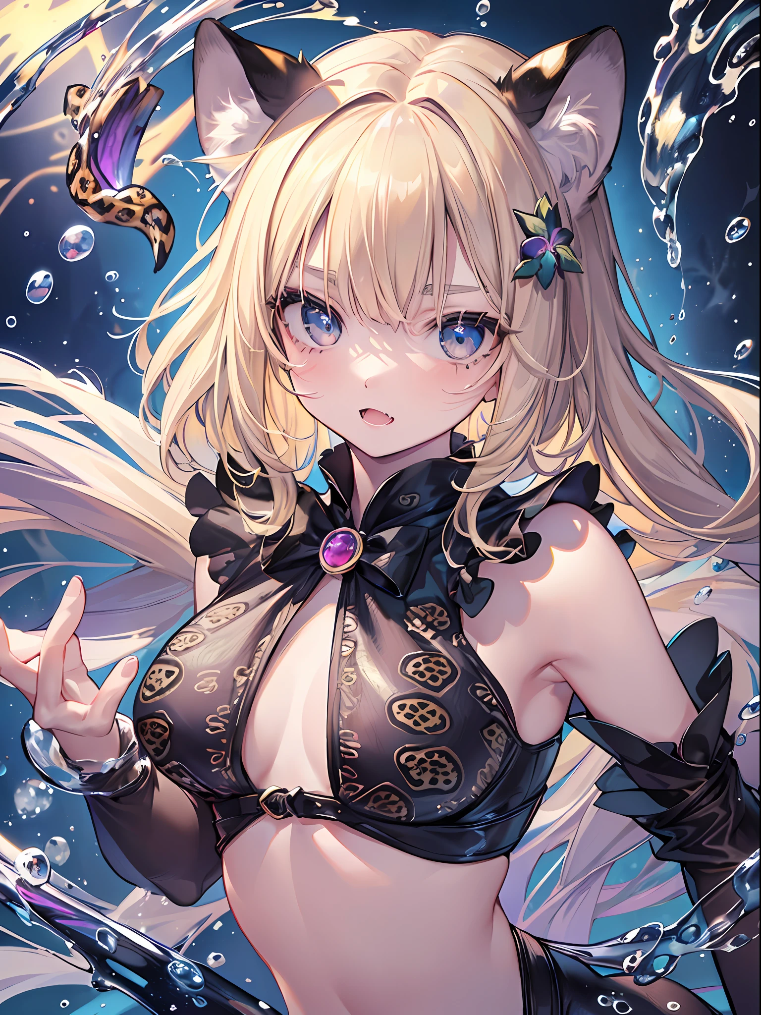 (masterpiece:1.2, best quality), (finely detailed beautiful eyes: 1.2),(cowboy shot, solo, 1girl, blonde hair with black spots like a jaguar, ((jaguar print clothes)), ((jaguar ears and jaguar tail,)) fangs, (detailed jungle background), (beautiful kawaii face), high contrast, (an extremely delicate and beautiful), ((soft light)), beautiful lighting, , detailed background, flying particles, dynamic, water drops, , wallpaper. (colorful), good anatomy