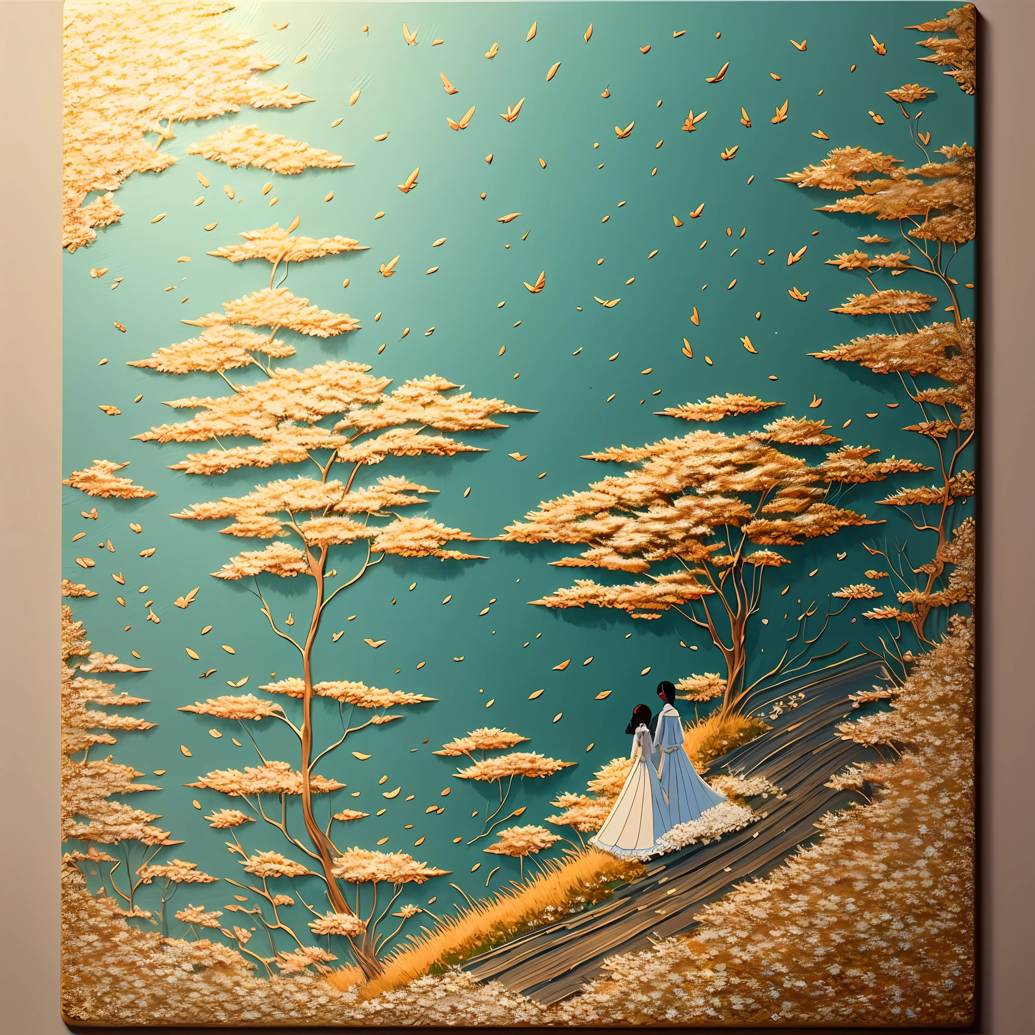 Hayao Miyazaki, Acrylic palette Knife,makoto shinkai Studio Style Ghibli, Princess, Bride, siblings, wedding dress, suit, Lace, well-lit, mysterious, exquisite, scenic, angelic, orderly, profound, clear, shore, Island, cove, Golden Ratio, 4k pixels, exquisite features, Nice texture, coordinated limbs, gloves on hands --auto --s2