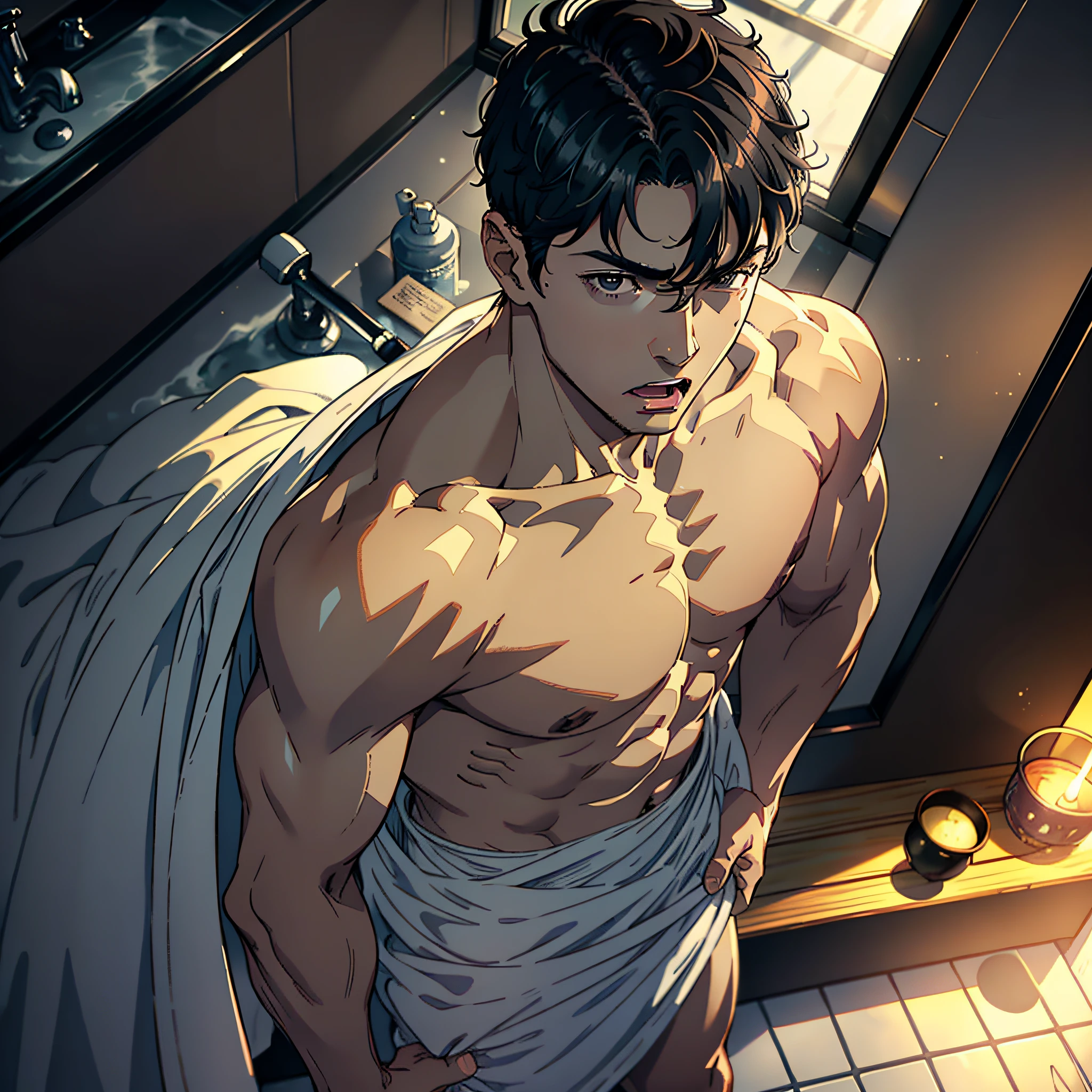 Best picture quality, the finest drawing, male, short black hair, black eyes, handsome, delicate face, wrapped around a bath towel, standing in the bedroom, mouth open, surprised expression.