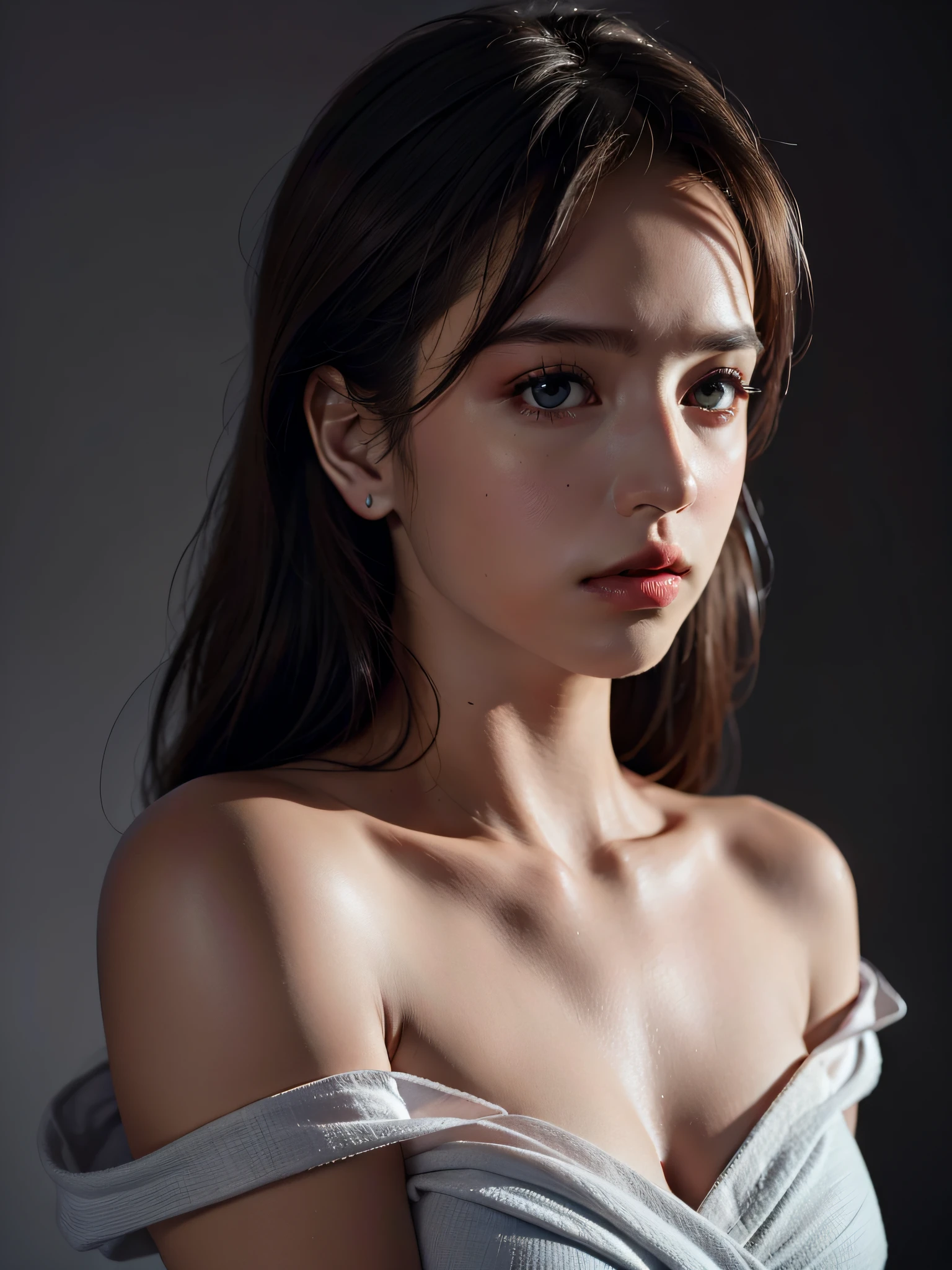 Best quality, masterpiece, ultra high res, (photorealistic:1.4), raw photo, 1girl, offshoulder, in the dark, deep shadow, low key, cold light