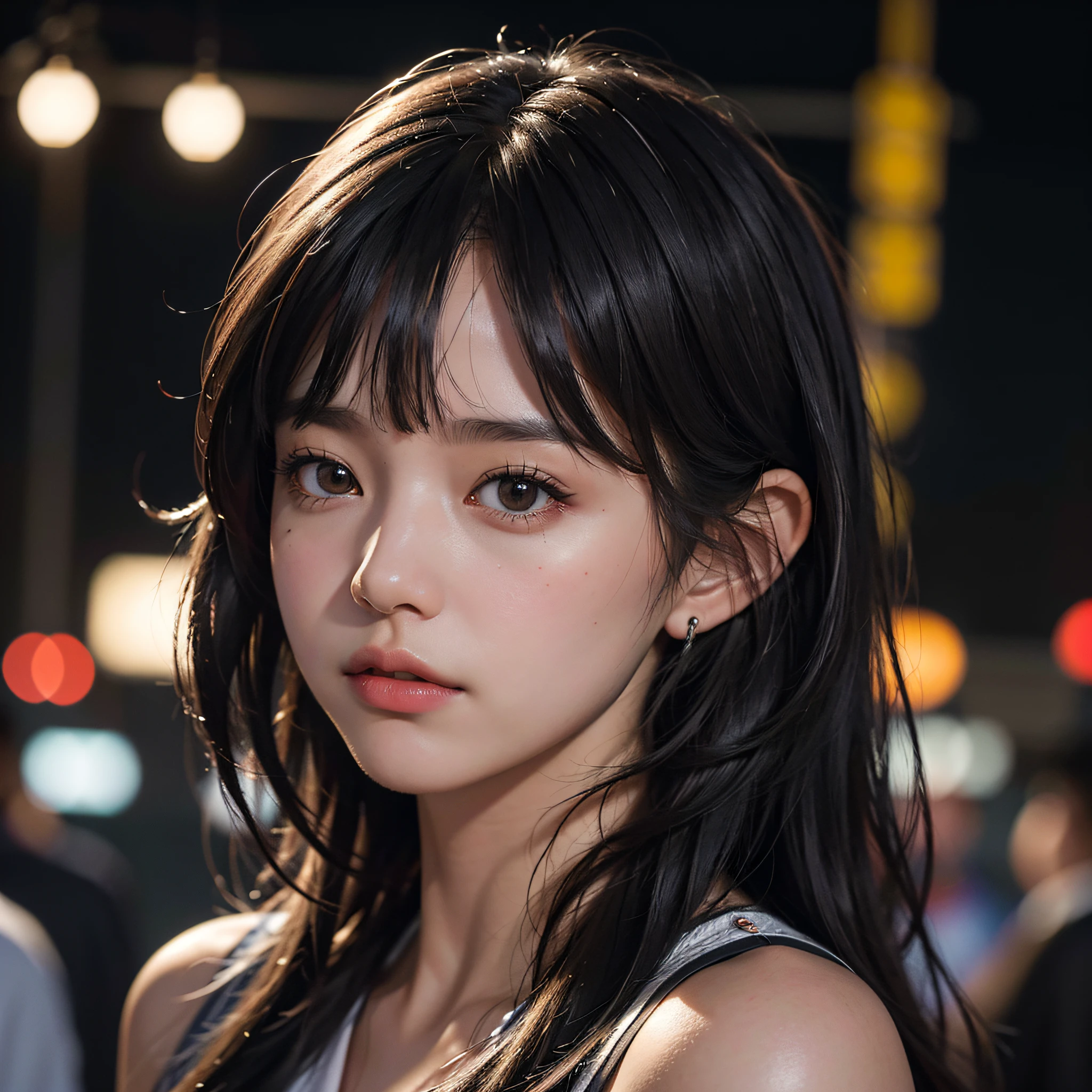 Absurdres,8k, (photorealistic),(best quality:1.3), (ultra highres:1.3), raw photo, outdoor, night market, (detailed background), photon mapping, 1girl, cure face, black hair, medium hair, bangs, realistic skin texture, fashionable