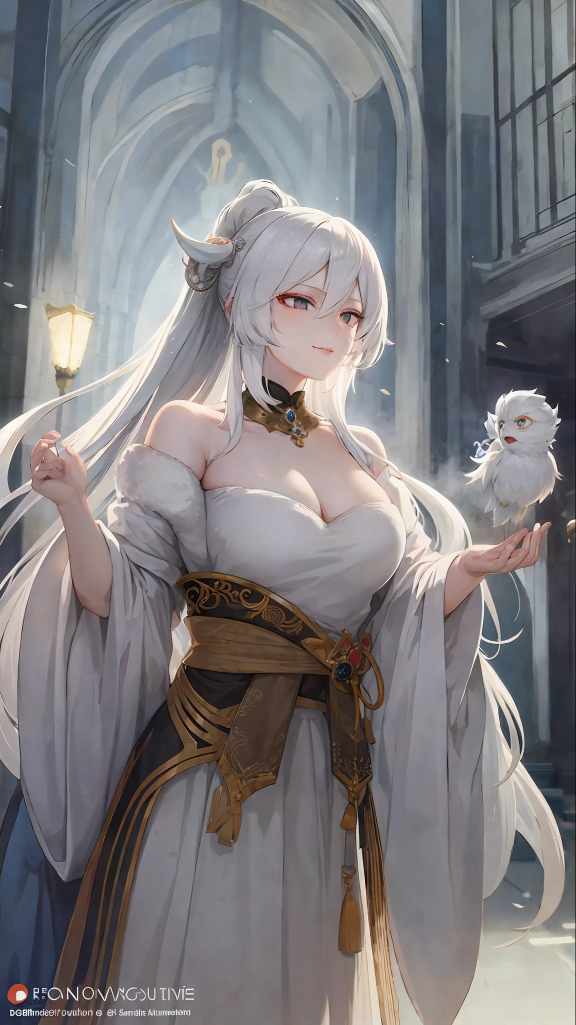 Inside the royal hall, a close-up of a woman with white hair and a white mask, woman with ethereal eyes and a spoiled smile on her face, beautiful figure paintings, Guviz, Guvitz-style artwork, white-haired god, Yang J, epic exquisite character art, stunning character art, Fan Qi, Wu Zhun Shifan, Gu Wiz in the pixiv art station