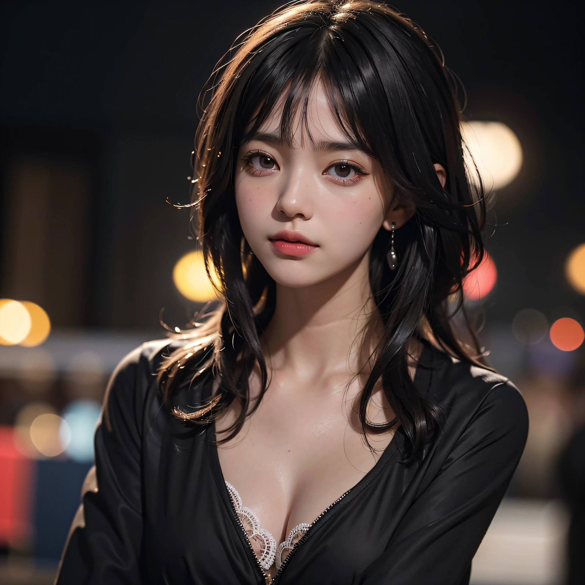 Absurdres,8k, (photorealistic),(best quality:1.3), (ultra highres:1.3), raw photo, outdoor, crowded night market, (detailed background), photon mapping, 1girl, cure face, black hair, medium hair, bangs, realistic skin texture, fashionable