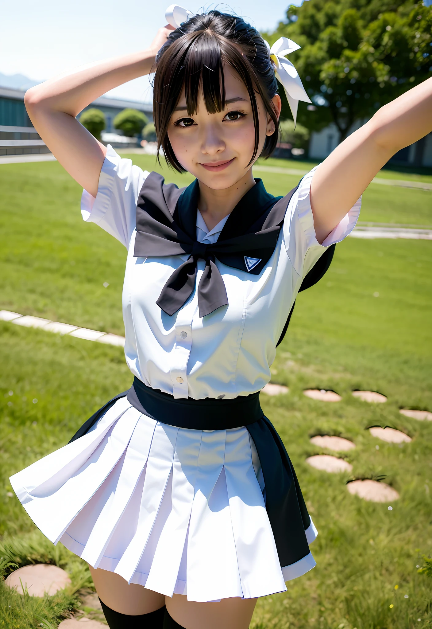 Top Quality, Ultra High Resolution, Cosplay Photo (Photorealistic: 1.4)
(1 girl in Japan), schoolgirl, idol,
((short hair)), gray hair ribbon, floating hair
big eyes, light smile,
Sailor uniform school uniform, black skirt, pleated skirt, ((sailor color)), white shirt, short sleeves, black tie, floating skirt, black thigh high high socks,
Garden background