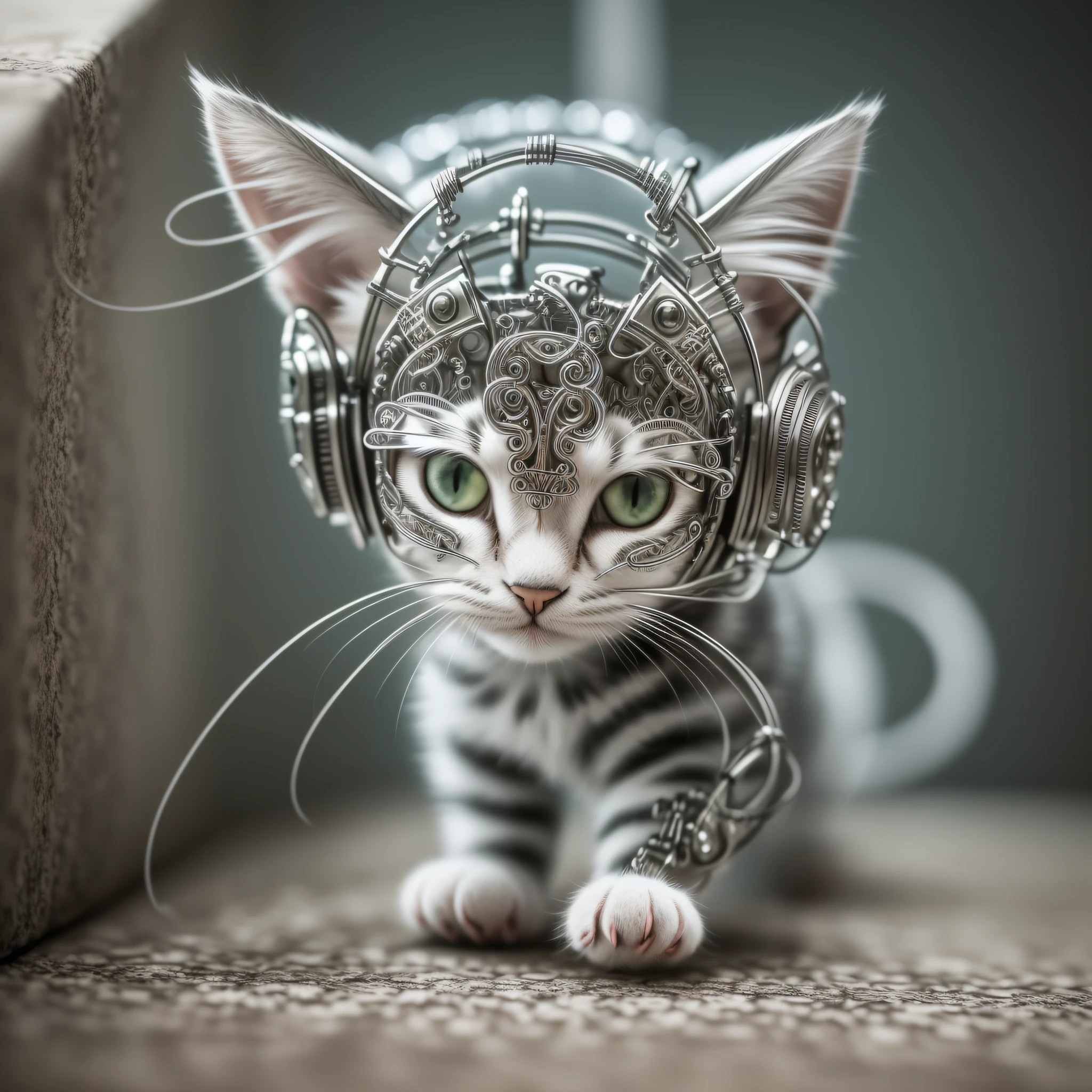 A cute kitten made of metal, (cyborg:1.1), ([tail|detailed wire]:1.3), (intricate detail), hdr, (intricate detail, hyperdetailed:1.2), cine footage, halo shadow, centered