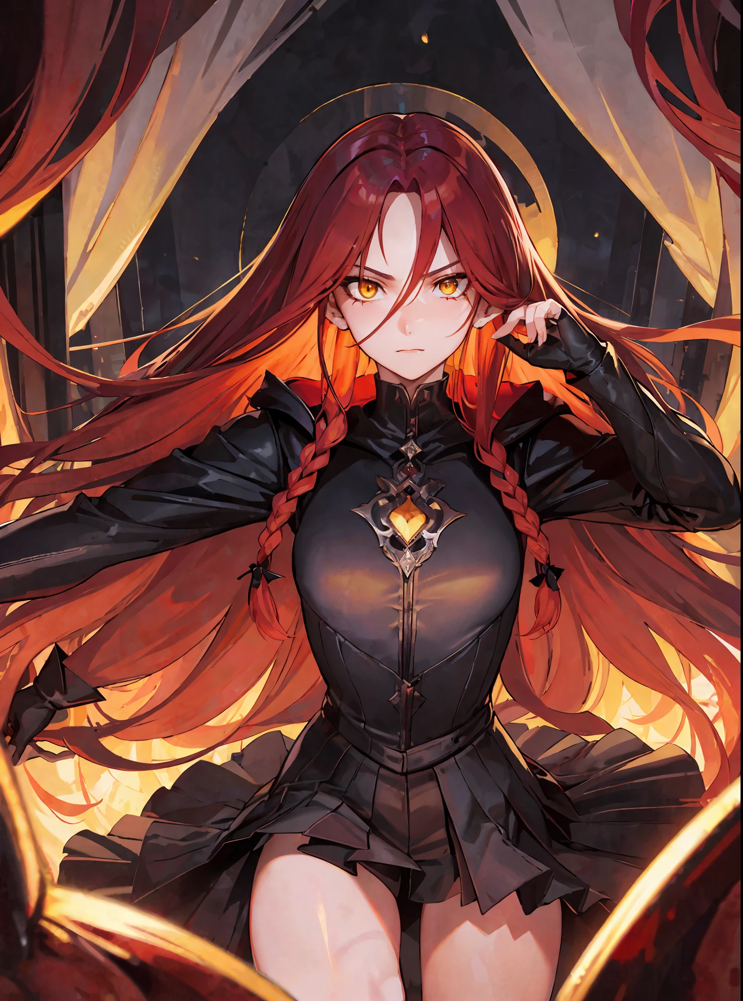 (masterpiece, best quality) an adult woman with very long red hair, short dress, red leather, black bows, long stockings, bare legs, bodysuit, queen, lake, braids, good anatomy, correct proportions, black boots, torn clothes, queen, yellow eyes, serious, blood, emotionless, red forest, straight bangs, very long red hair, evil, (yellow eyes), gothic, medium chest, face only portrait, Chest to Head Show, Cinematics, Color Oil Painting, Solo, Cinematic Lighting, Extremely Detailed Face, Finely Detailed Face, Beautiful Face, Beautiful Eyes, Perfect Lighting, Depth of Field, Realistic Proportions, Good Anatomy, Long Coat, Head Covering Hood