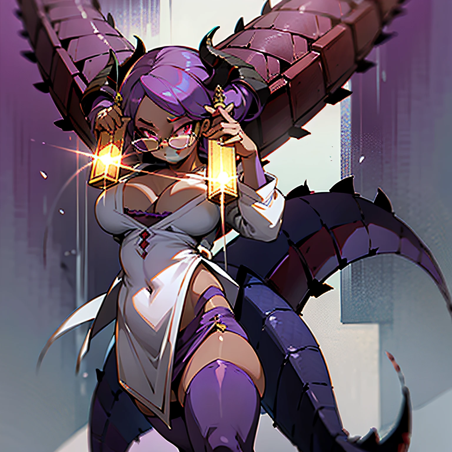 blood on clothes, purple hair, (best quality, masterpiece), sadistic smile, looking at viewer, holding bloody knife, 1woman, cleavage, mini skirt, white shirt, big breasts, big thighs, dark skin, glasses, short, dark skin, solo,, standing, scales, dark red dragon horns, dark red dragon tail, subtle paterns of bright shades of purple along his limbs and tail, red eyes