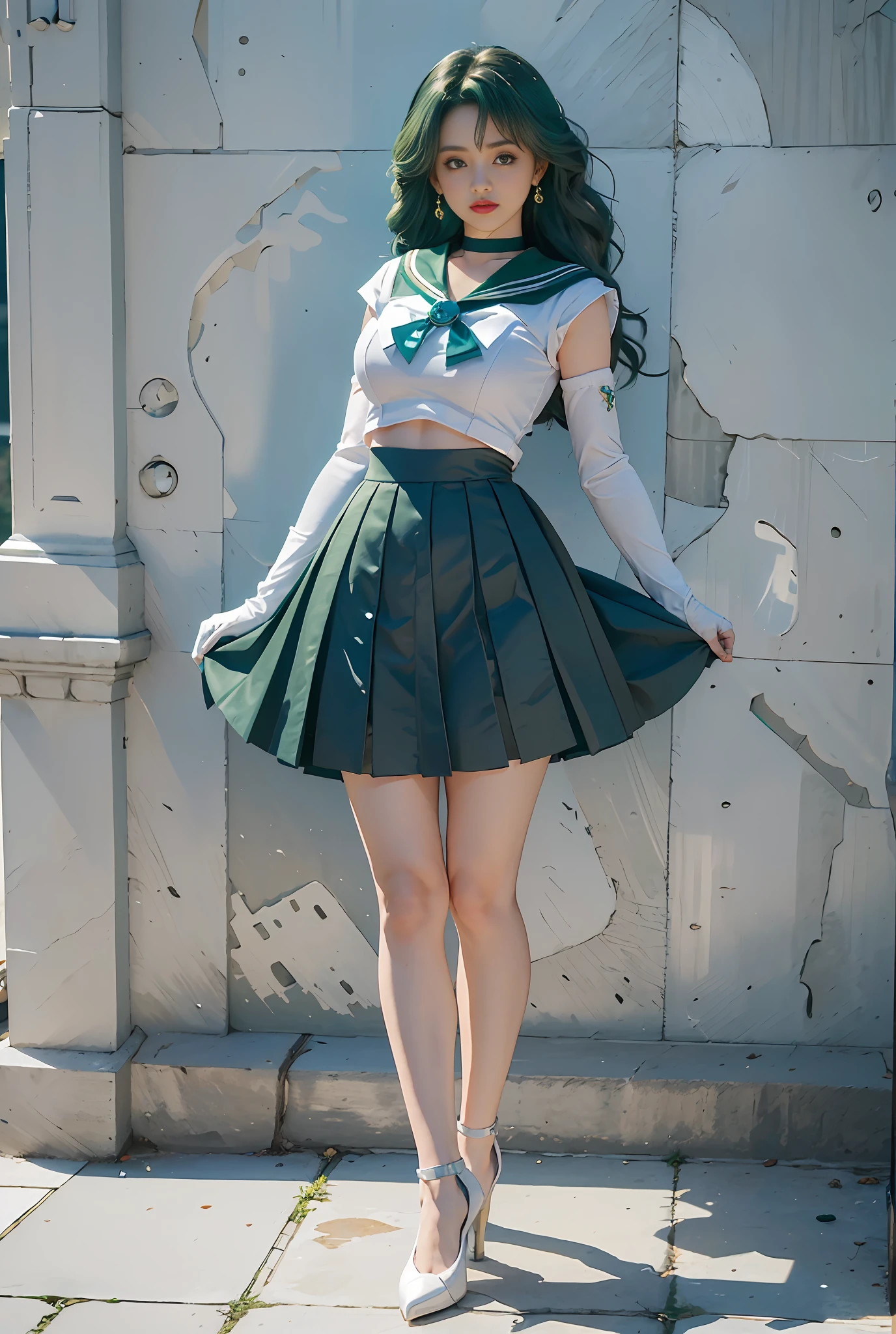 close-up, 1girl, sailor neptune, (sailor senshi uniform:1.2), (aqua eyes:0.9), dark green hair, medium hair, plead skirt, best quality, earrings, masterpiece, high resolution, intricate details, (( realistic )), photographic, (white elbow gloves:1.1), jewelry, Medium breast, full body, Dynamic background, dynamic posture, high heels, --s2