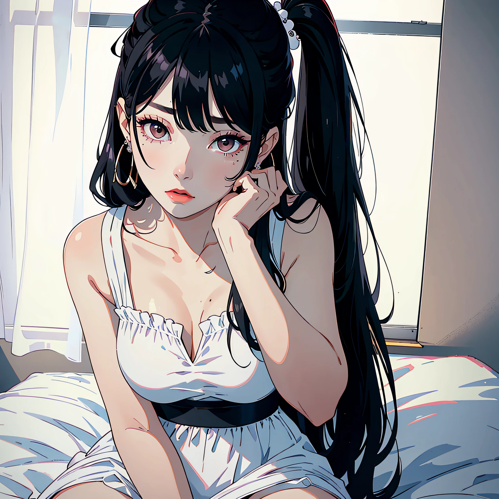 1 woman, long black hair, big black eyes, white dress, sitting on bed with moles under the eyes, earrings, delicate face, crying, wiping tears, first-person perspective, masterpiece, high quality