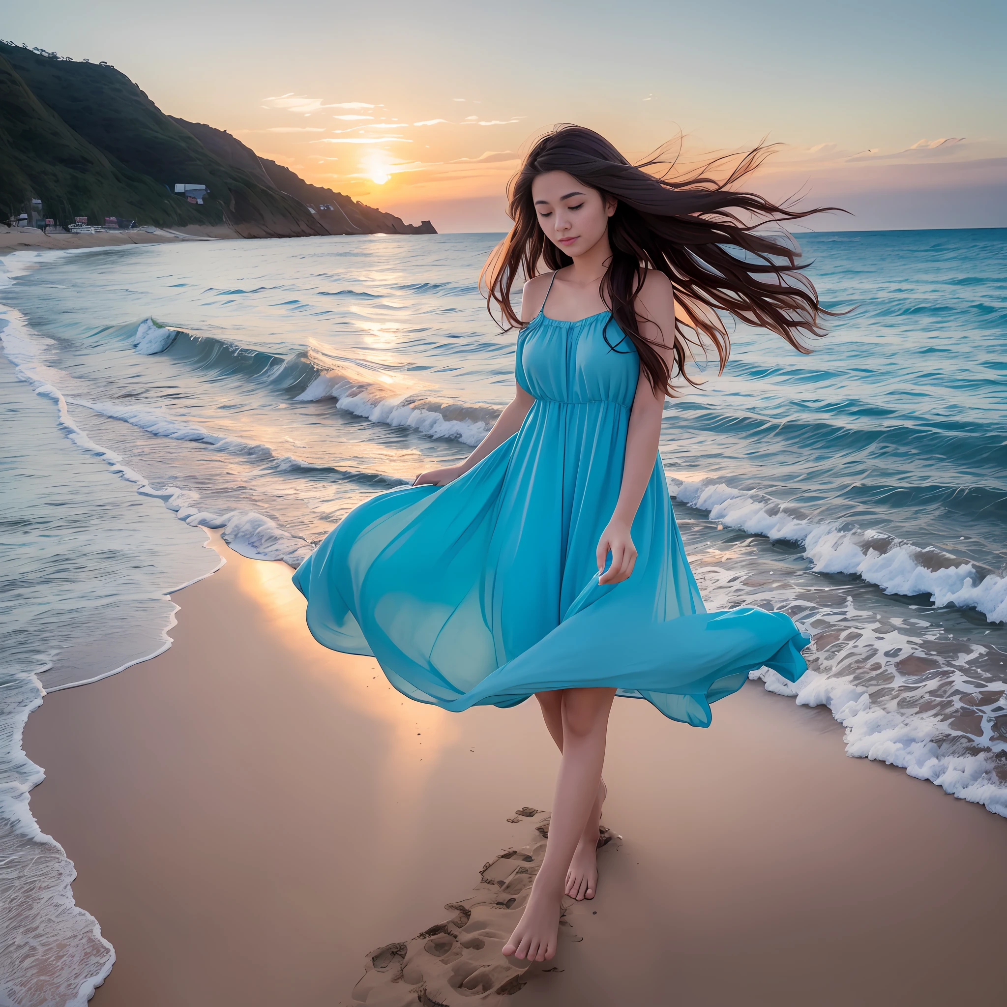 On the beautiful beach, a girl wearing a sky blue dress strolls leisurely, with big wavy hair flowing in the wind and barefoot on the warm sand. The afternoon sun shining down on the beach adds to the peaceful and serene atmosphere. Masterpiece, official art, 8k, best quality, highly detailed, beautiful beach:1.2, girl:1.2, sky blue dress:1.2, big wavy hair:1.2, barefoot:1.2, peaceful atmosphere:1.2.