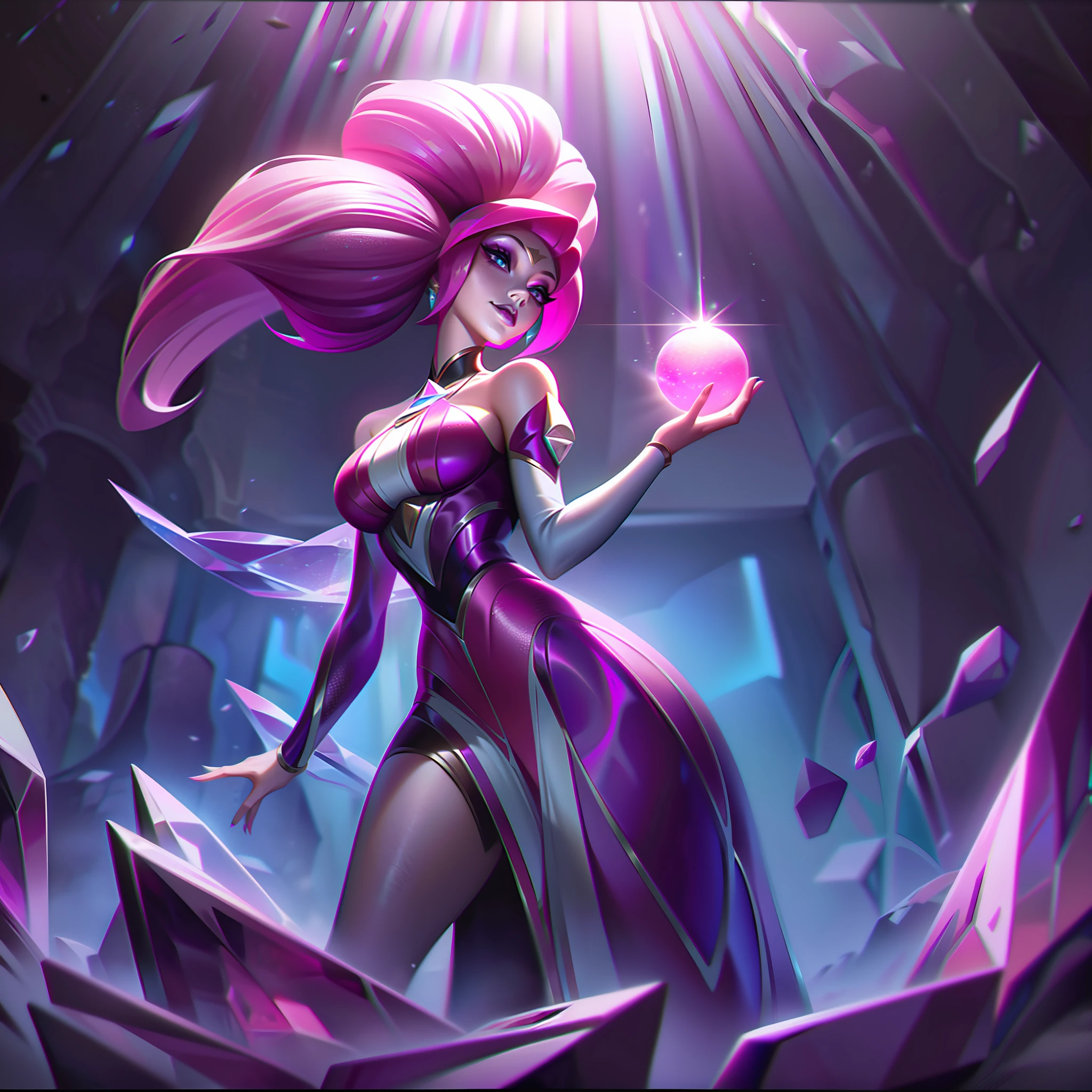 Orianna from League of Legends, but with long pink hair holding a crystal pink ball in her crystallized left hand and the other is normal, she is posing in fear of something and in a dress with huge crystalline texture and with platinum accessories, splashart, body lines, vibrant colors, exquisite details, cinematic, artstation, detailed face,  by rossdraws, by Kienan Lafferty