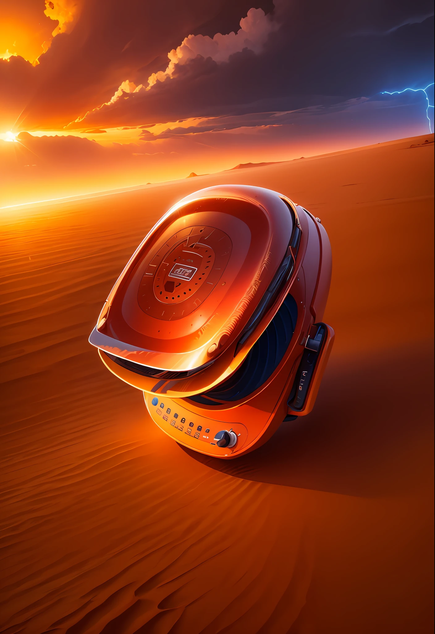 An electric pie pan, Sahara, desert, storm, wind, 4x4, sand, dunes, reality, red, blue sky, landscape, palm trees, ultra detailed, 4k --auto --s2