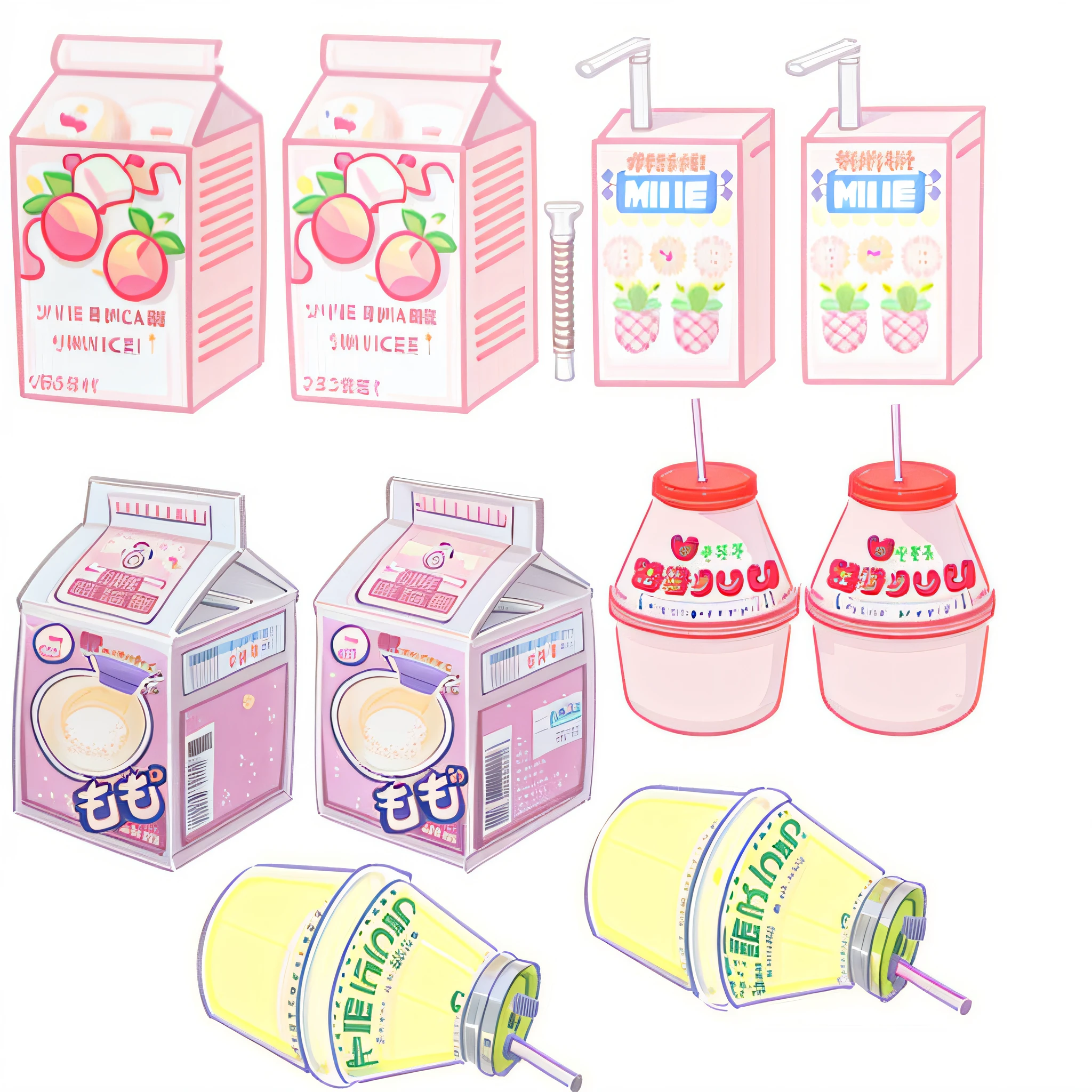 there are many different types of juices and drinks in this picture, kawaii aesthetic, anime food, milk, drinks, japanese kawaii style, colored milk tea, super detail of each object, drink milkshakes together, papercraft, cute detailed digital art, milkshake, kawaii japanese style, anime hi-fructose, anime aesthetic, y2k aesthetic