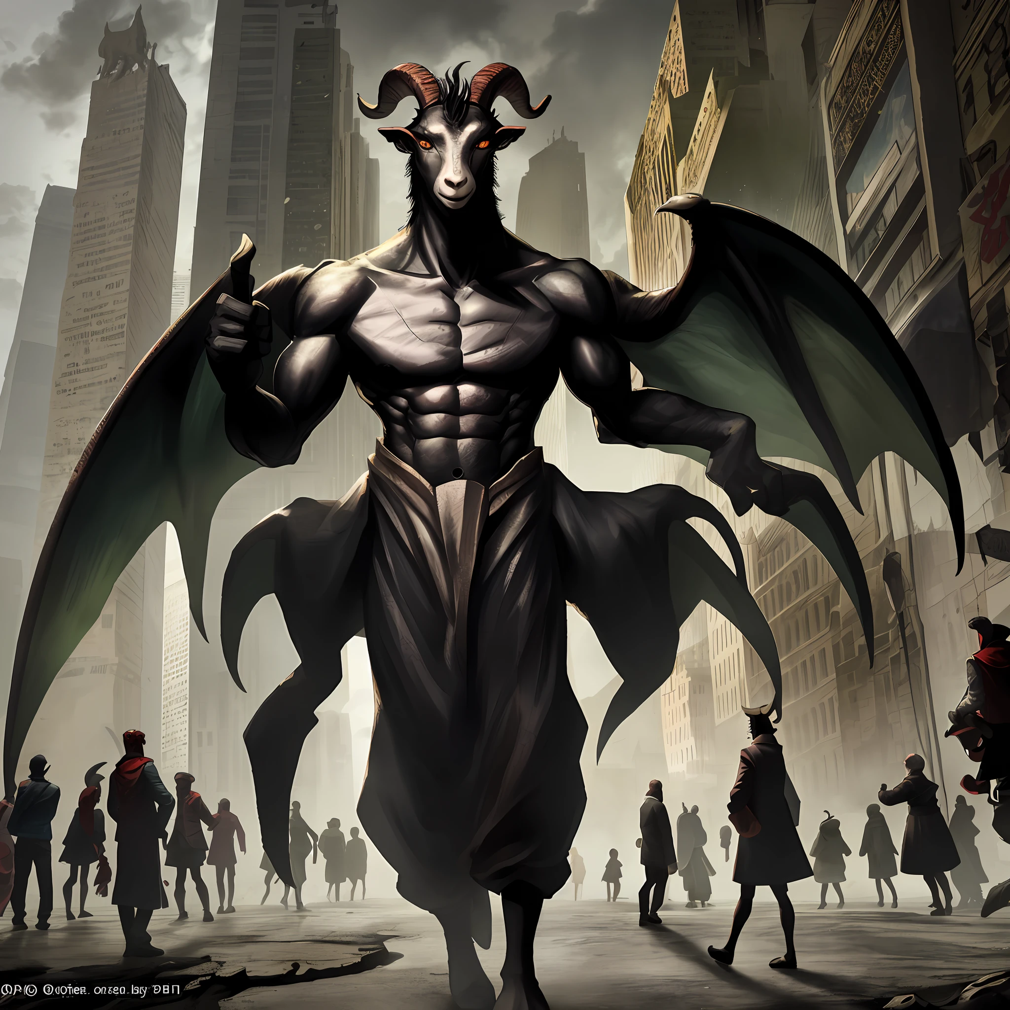 Photo, a strange-looking creature standing in the center of the city (goat-headed demon style: 1)