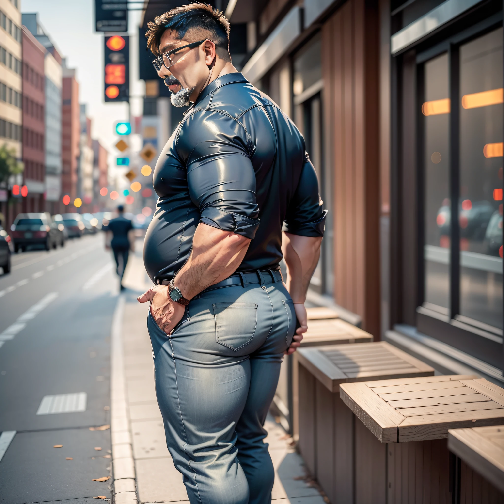 Best quality, masterpiece, super high resolution, (realistic: 1.4), original photo, (evening street), a 50 year old muscular fat Asian middle-aged mature man, mature, simple Asian middle-aged mature man, elegant, beard, flat head, short hair, black suit pants, glasses, big ass, protruding and back, a big, erected ass, side profile, fat ass tying the top in pants,