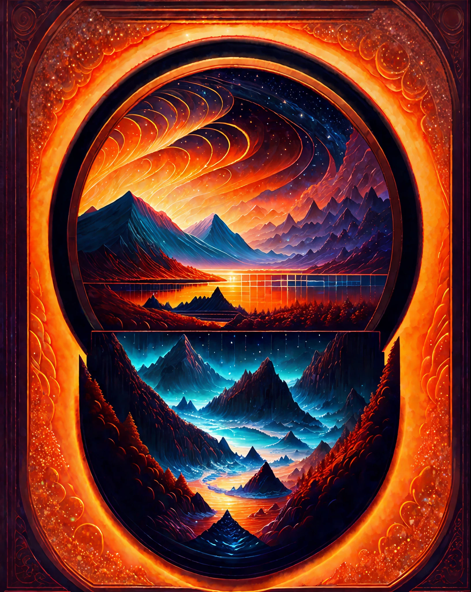 A beautiful Earth full of water and lava, intricate, masterpiece, expert, very detailed, 4k, composition, frame, center, symmetry, painting, intricate, volumetric lighting, beautiful, rich dark masterpiece, sharp focus, ultra-detail, in the style of Dan Mumford and Marc Simonetti, astrophotography