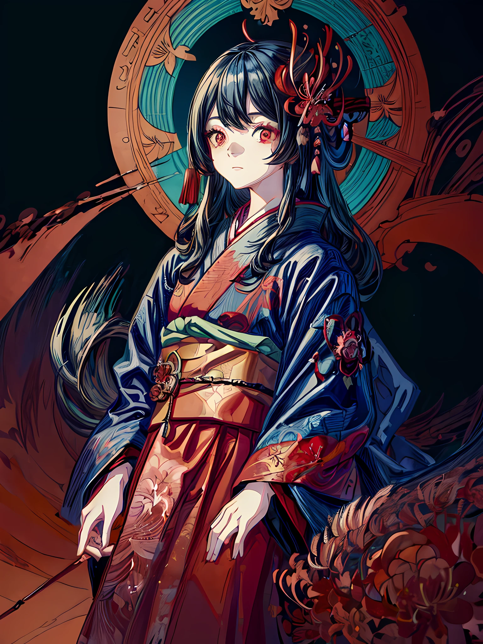 (masterpiece),(best quality),
(dynamic angle:1.3),(solo),
(colorful),(fashion),(fantasy style),detailed background,
1girl,red eyes,detailed eyes,
(black hair:1.3),(very long hair),floating hair,
(kimono:1.2),patterns,japanese clothes,traditional,black kimono,
Shore flower,(red spider lily:1.2),(higanbana:1.2),
patterns,detailed decorations,(zentangle),
(Botanical illustration of higanbana:1.4),
(night sky:1.2),
red background,
anime,(upper body:0.9),
normal light,