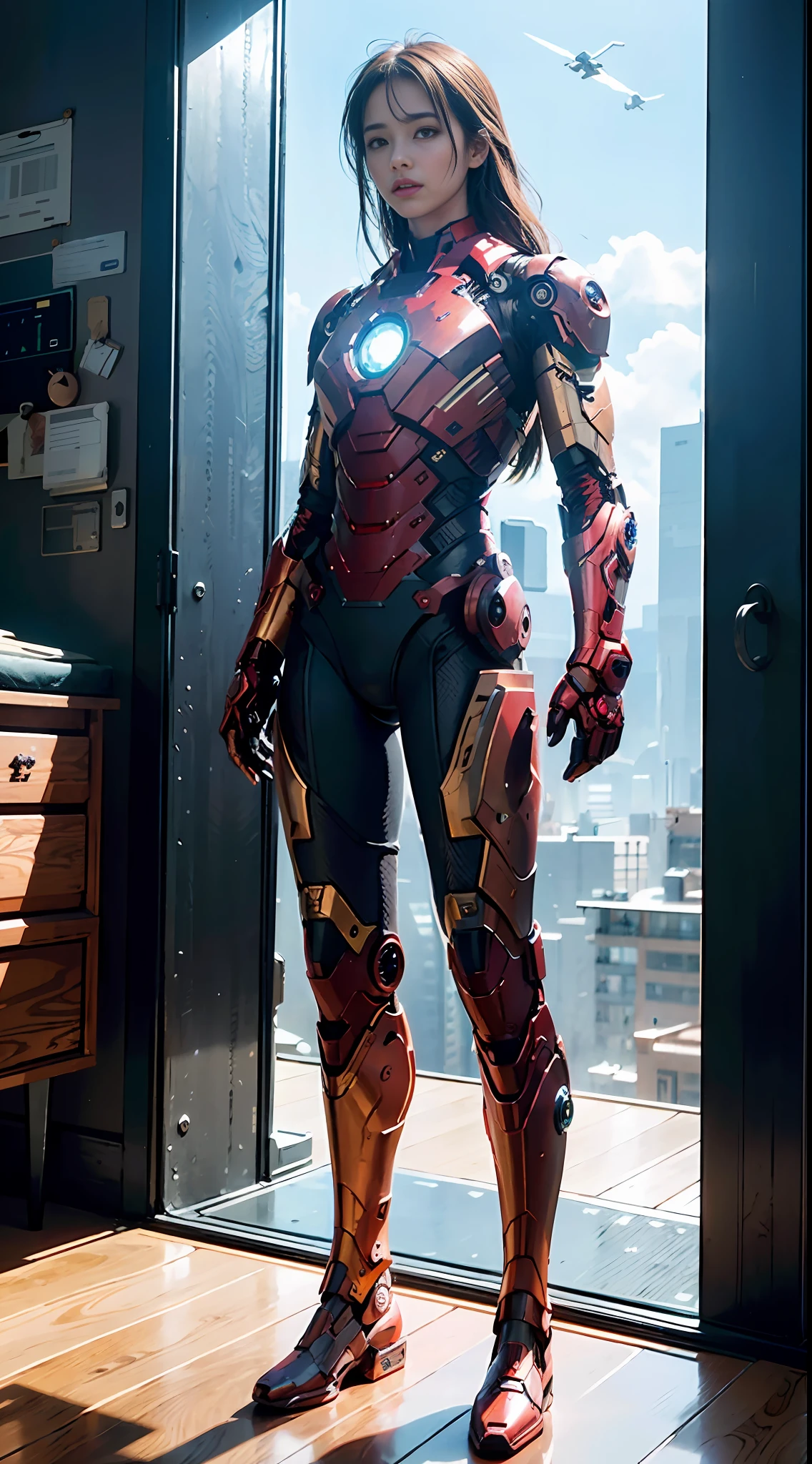 Realistic movie scene of a 20-year-old woman standing full body in a cyberpunk barren with stunning cloudscapes. (wearing an Iron Man mech) on her insanely complex anatomically adapted (graphene: 1.1) biomechanically symmetrical arms and biomechanically symmetric legs. Extremely detailed, elegant and ornate symmetrical fractal detail with Kyanite gemstone. Scene captured with bright soft natural light, dramatic shadows and beautiful vibrant colors. Romantic art style. 8k resolution image with cyberpunk style, intricate symmetrical details. The whole picture is indomitable and heroic. It is mainly a complete picture of a man standing with his whole body, smooth movements and confident expression.