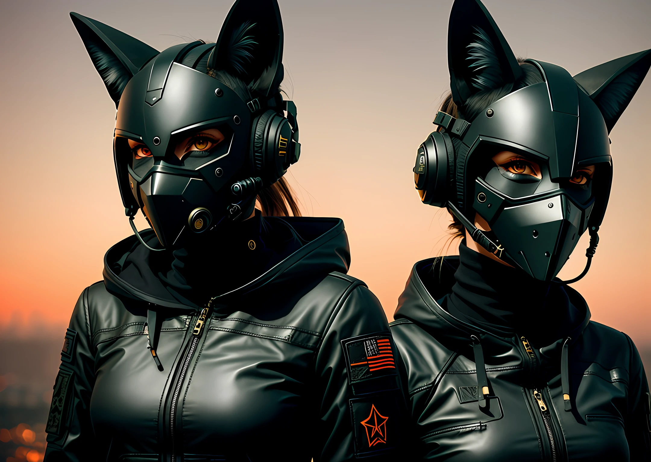 Wallpaper: woman with black colored military clothing on the whole body, on the head, a mask of a fox in the cyberpunk style