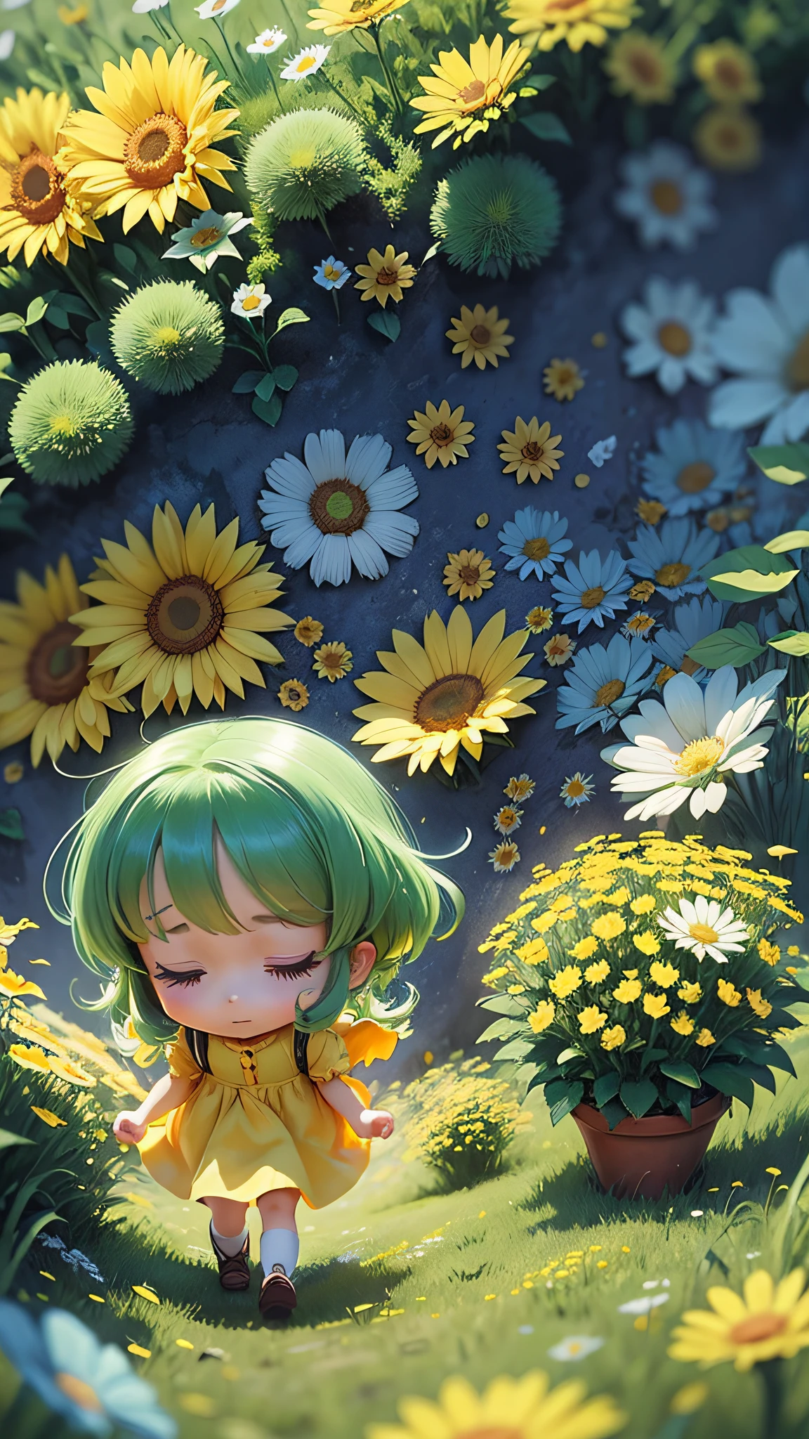 anime girl in a green dress and yellow shirt in a field of flowers, cute art style, cute detailed digital art, childrens art in artstation, cute detailed artwork, digital anime illustration, anime style illustration, cute digital art, girl in flowers, girl walking in a flower field, full body portrait of a short!, loli, small loli girl, anime illustration --auto --s2
