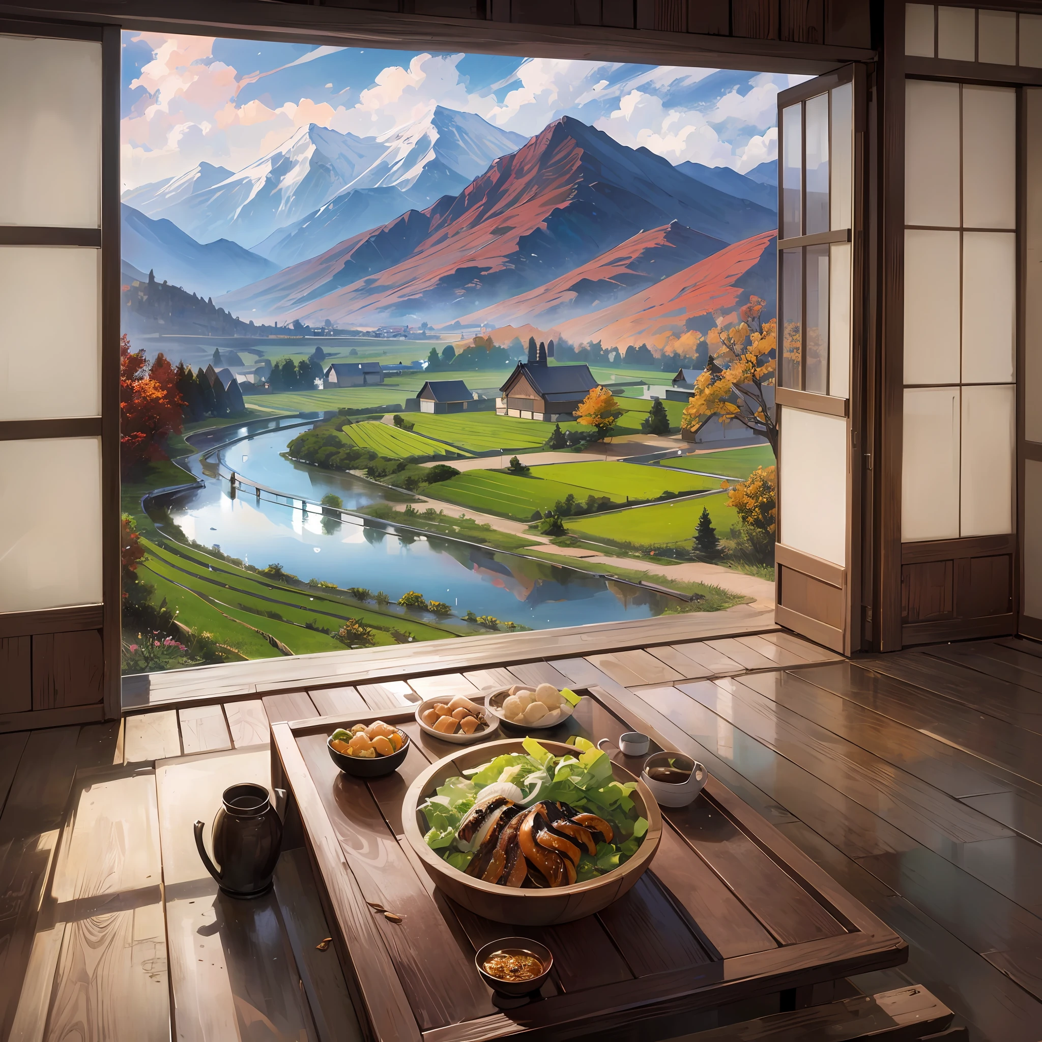 Imagine a scene set against the backdrop of beautiful rural Japan, with illustrations of rice fields, mountains, and rivers.

The main illustration within this landscape is the large katakana characters for "work" (シゴト). These characters are composed of various illustrations of Japanese food, such as eel (unagi), tempura, and curry. This emphasizes the message that the work of a food wholesale company contributes to creating the flavors of the region.

The image should be as detailed and high-resolution as if created by a professional illustrator. The colors are natural and vibrant, reflecting the rich hues of the rural Japanese landscape and the colorful array of Japanese food. The lighting should highlight the main illustration of the "work" characters and the food illustrations that compose them, with the rural landscape serving as a serene and supportive backdrop.

The composition should focus on the "work" characters, with the landscape, rice fields, mountains, and rivers playing supporting roles. The Japanese food illustrations should be arranged in a way that they form the "work" characters clearly and legibly. --ar 16:9 --s 1000 --v 5 --auto --s2