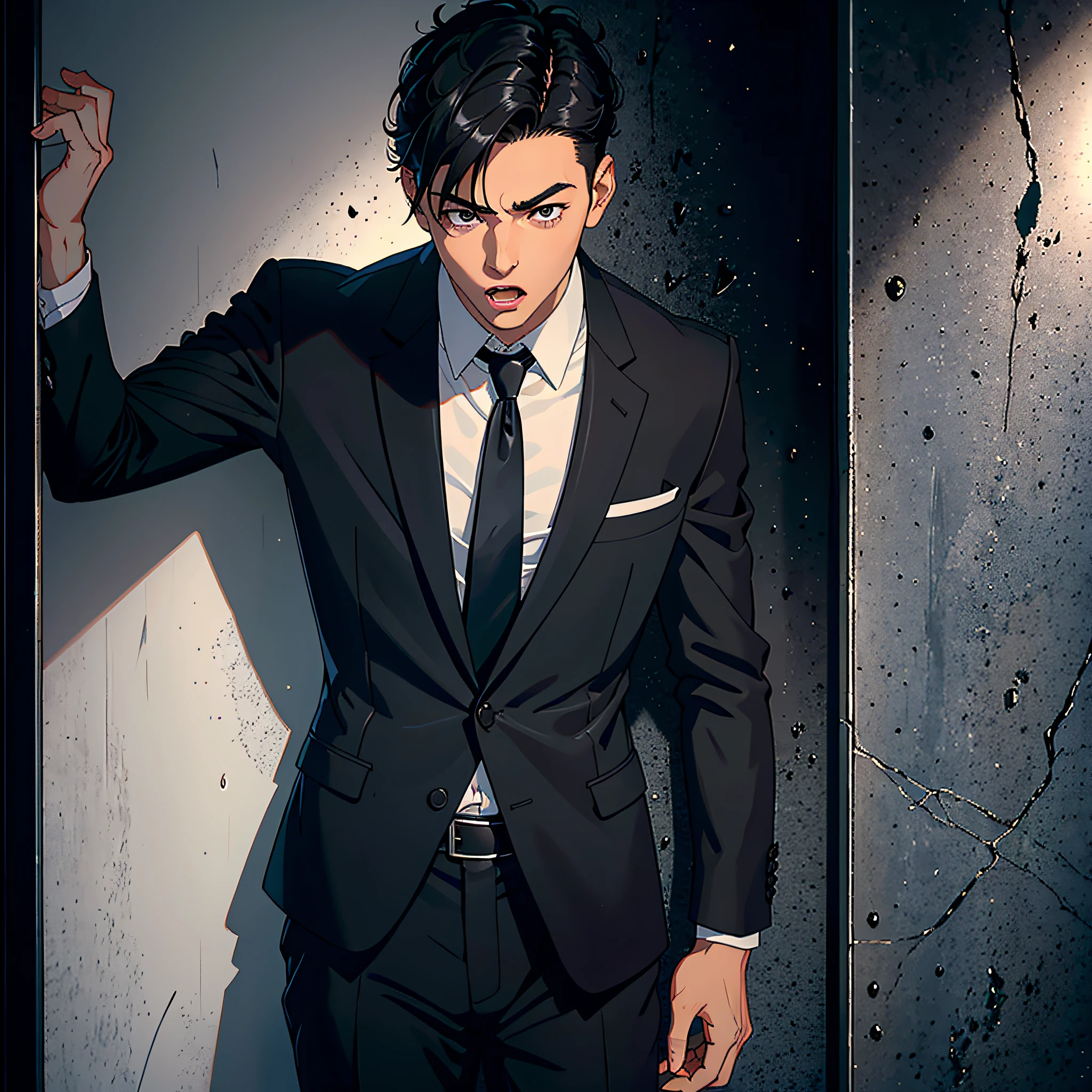 Best picture quality, the finest picture, male, short black hair, black eyes, handsome, delicate face, black suit, holding up the wall, head down, mouth open, surprised expression