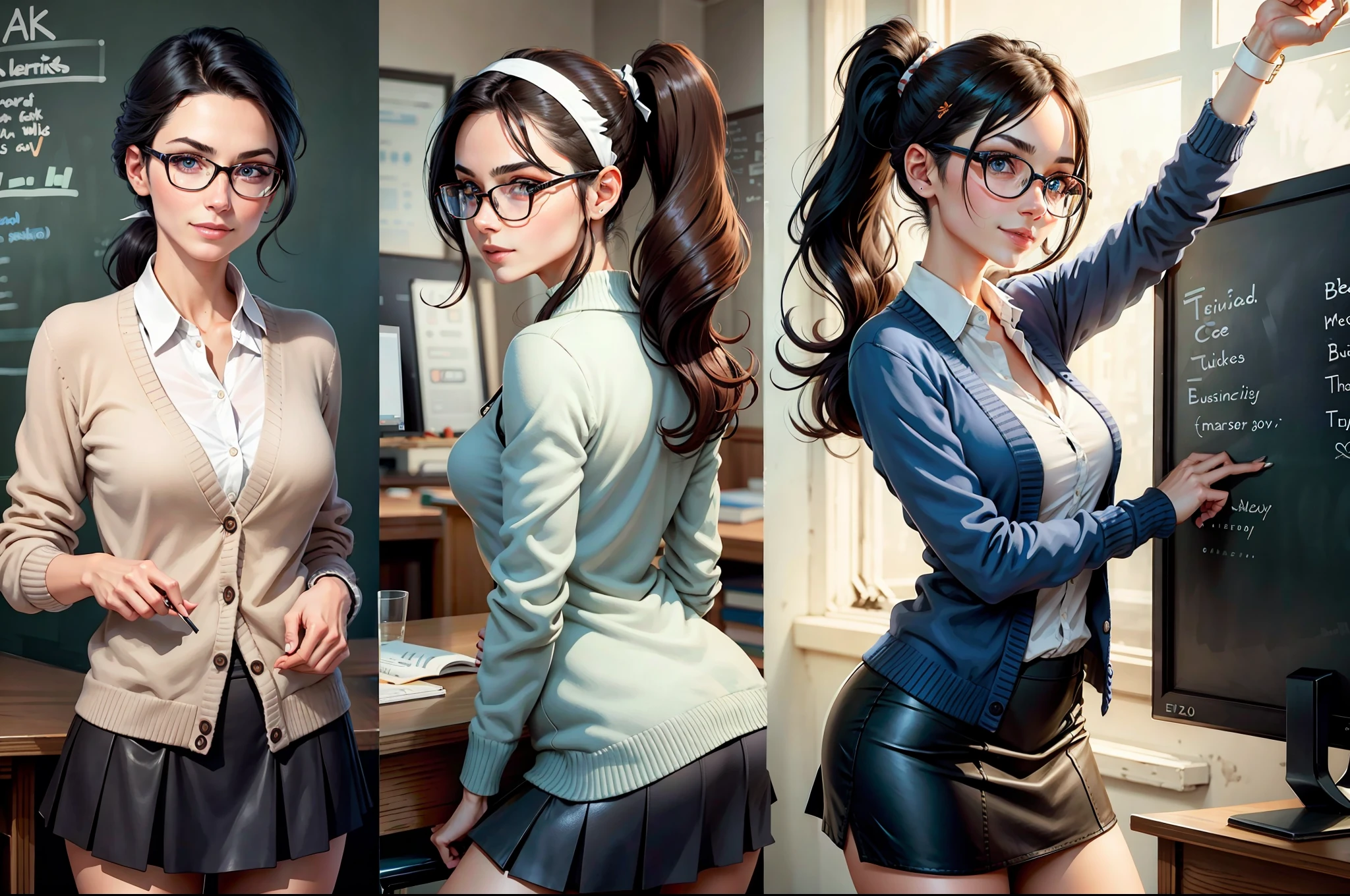 1 female, (teacher with leather pointer: 1.2), high heels, cardigan. Standing, close to the blackboard, (near the student), (student sitting: 1.2), (student raised arms), from behind, (fidelity: 1.5), realistic, octane rendering, ultra-realistic, wide hips, slim fit, Wearing short skirt, perfect buttocks, white cardigan, (realistic face: 1.2), collar, (mid chest: 1.1), thick eyelashes, long eyelashes, (double ponytail: 1.1), (dark hair: 1.1), glasses, Headband, Collar, Best Quality, Striped Hair, Half Smile, (Looking at Viewer), Sharp Focus, (4k), (Masterpiece), (Best Quality), Fantasy, Very Detailed, Intricate, Ultra Detailed, ( perfect face), illustration, soft lighting, (highlight: 1.4), blue eyes, ridiculous