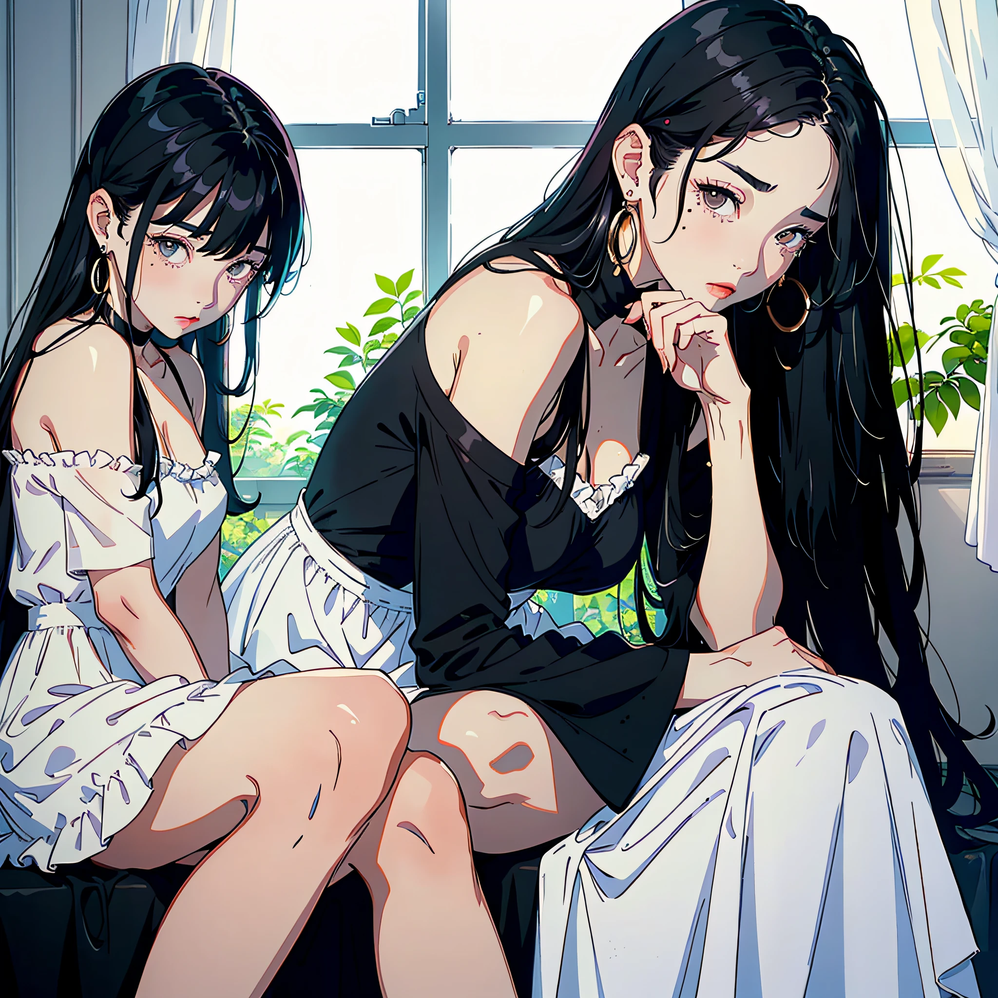 1 woman, long black hair, big black eyes, white dress, moles under the eyes, earrings, delicate face, crying, wiping tears, sitting on bed, first-person perspective, masterpiece, high quality