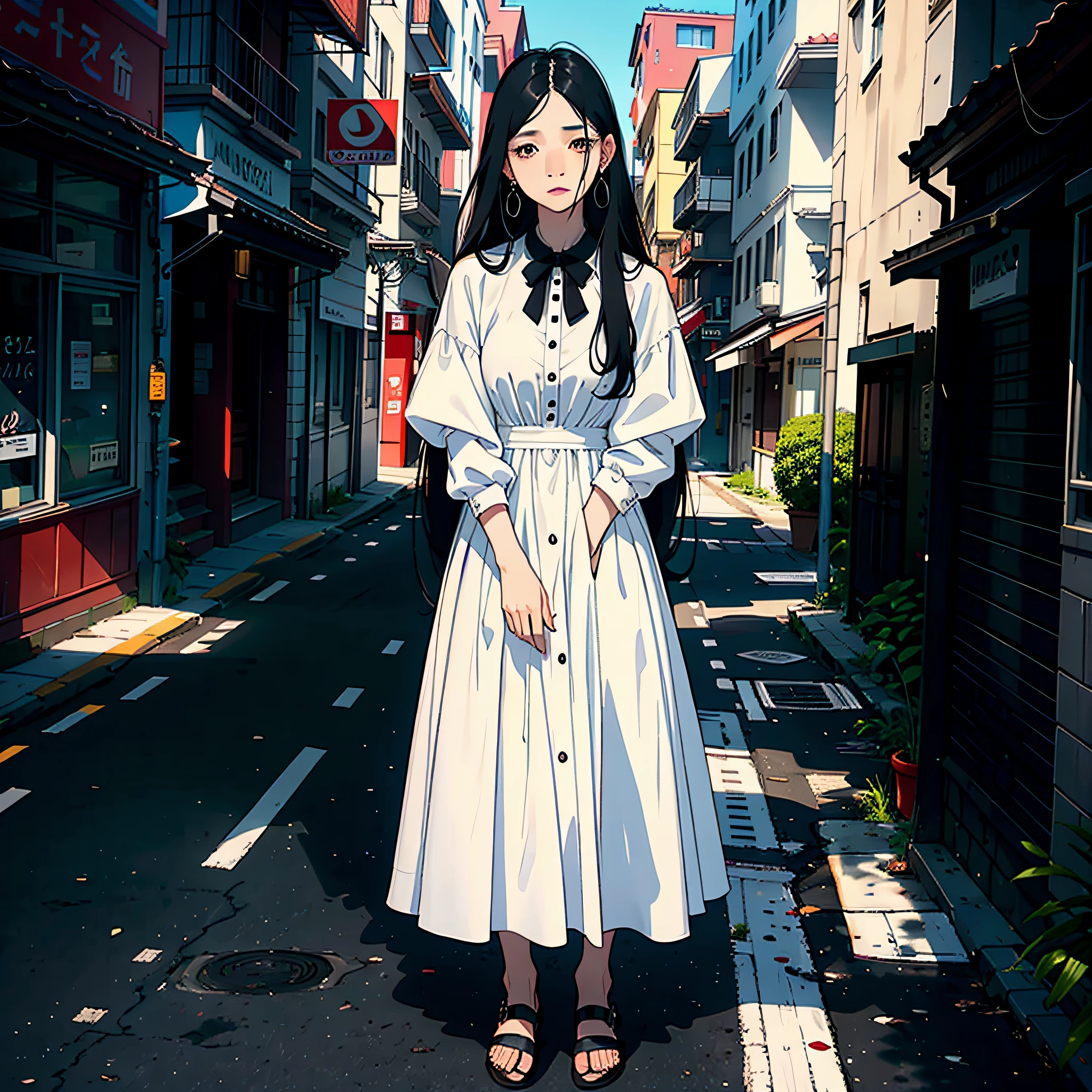 1 woman, long black hair, big black eyes, white dress with moles under the eyes, earrings, delicate face, standing in the street, head down, expression of shame, first-person perspective, masterpiece, high quality