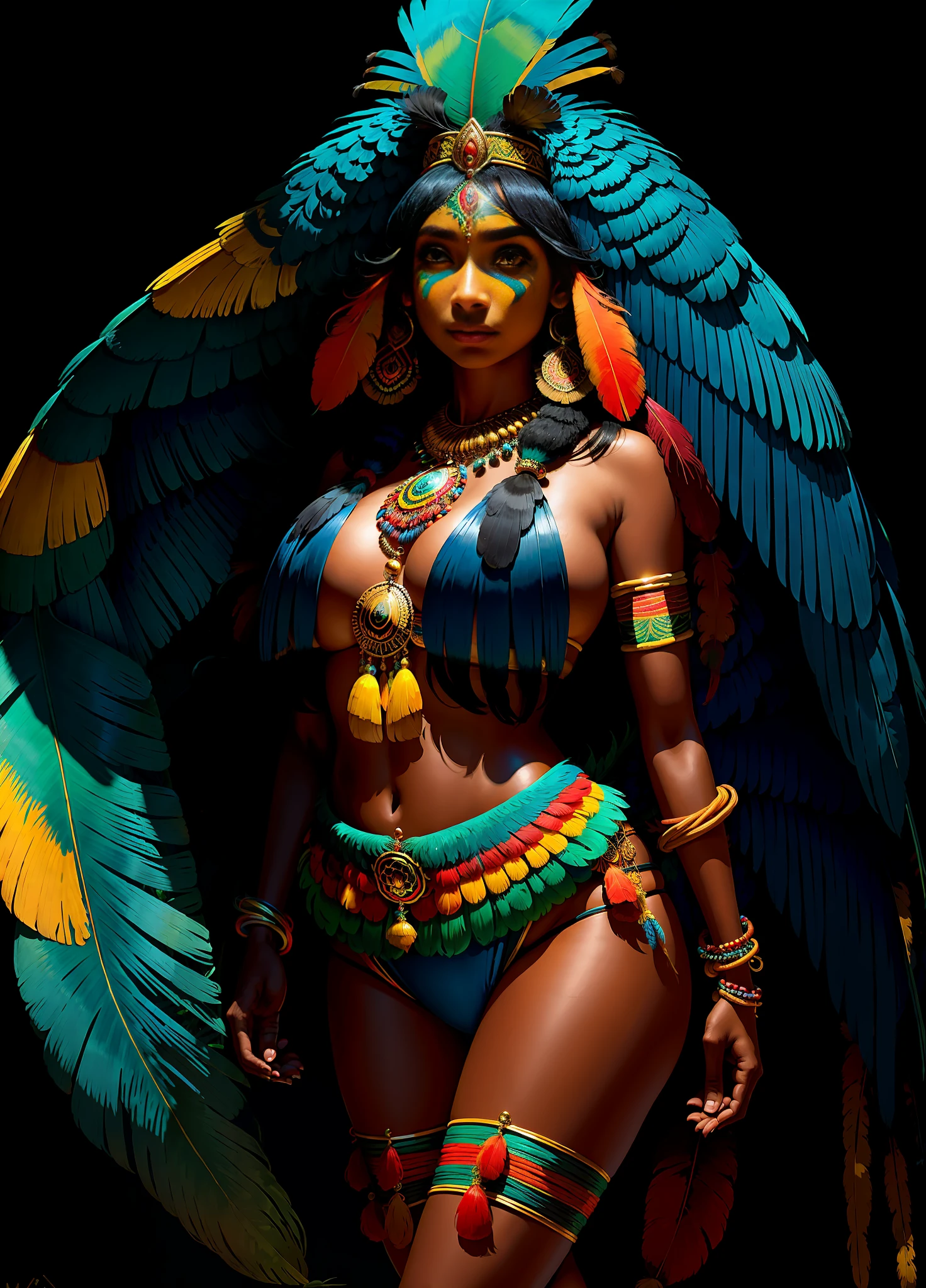 Wild Xavante India girls, tanned skin, extreme long black hair messes over naked boobs, huge macaw blue parrot feather headdress, big cheeks, long legs, curvy, small huge macaw yellow parrot feather bikini, huge macaw blue parrot feather necklace