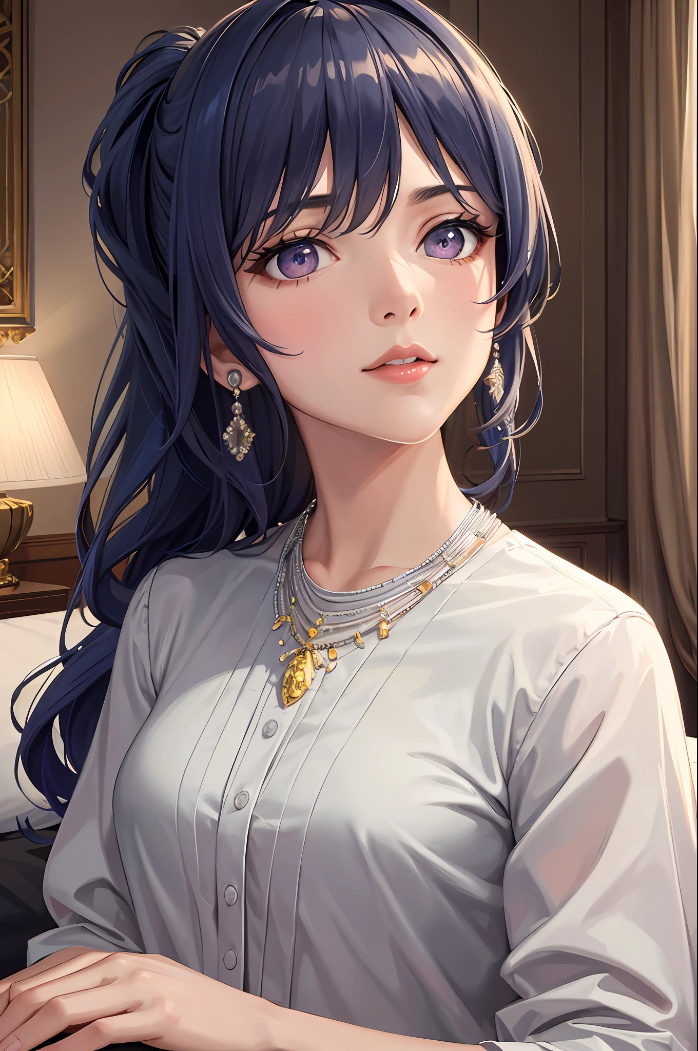 ((Masterpiece, Best Quality)),St. Louis\(Luxury Wheels)\(Azure Lane\), High resolution, highest quality, illustration, cinematic light, super detailed, detailed face, (detailed eyes), best quality, super detailed, masterpiece, (detailed face), room, hair accessory, earrings, necklace, portrait, white shirt with black tie, highest detail, glowing eyes, (hotel:1.2), sitting on bed, sitting, bed, window, night sky, backlight, light, (high contrast), (color),