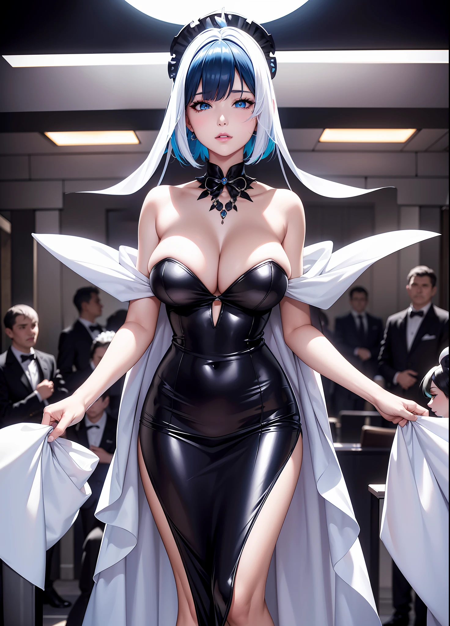 full body image of a woman and several men, "she is wearing a black costume with white parts of a maid mixed with Spider Woman, extremely tight in the body, maid headdress on her head, standing posture, she has "short straight blue hair , green eyes and big breasts", "they are wearing a suit and tie and are holding her", "she is looking at the viewer, her face is flushed, light makeup, she is wearing blue lipstick on her mouth, she has hair with a white streak, landing, hands clenched", are on a crowded bus at night, anime, anime style, anime, anime style, NVIDIA RTX, anatomically correct, 16k, best quality, award winning, high quality, UHD, masterpiece, anatomically correct, 16k, best quality, award winning, high quality, UHD, masterpiece, high details