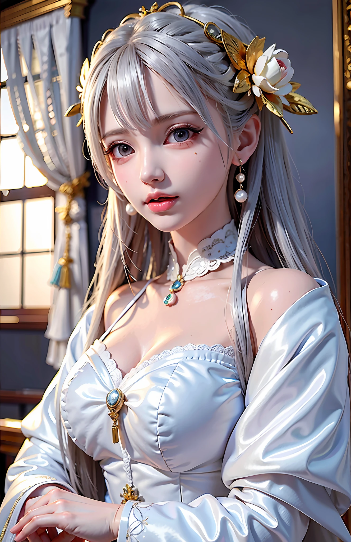 Woman with golden eyes, platinum hair girl, pearl brooch in hair, Beautiful woman,  White Victorian dress with white ties, Details with white frills on the dress,Light Summer Victorian Dress,  lace collar with a Sky Blue ribbon on the neck , 18 year old girl, mixed race European girl with Korean and Greek features,((best quality)), ((masterpiece)), (high-resolution:1.2), Long hair, side bangs, pearl hair clip, trendy hairstyle,