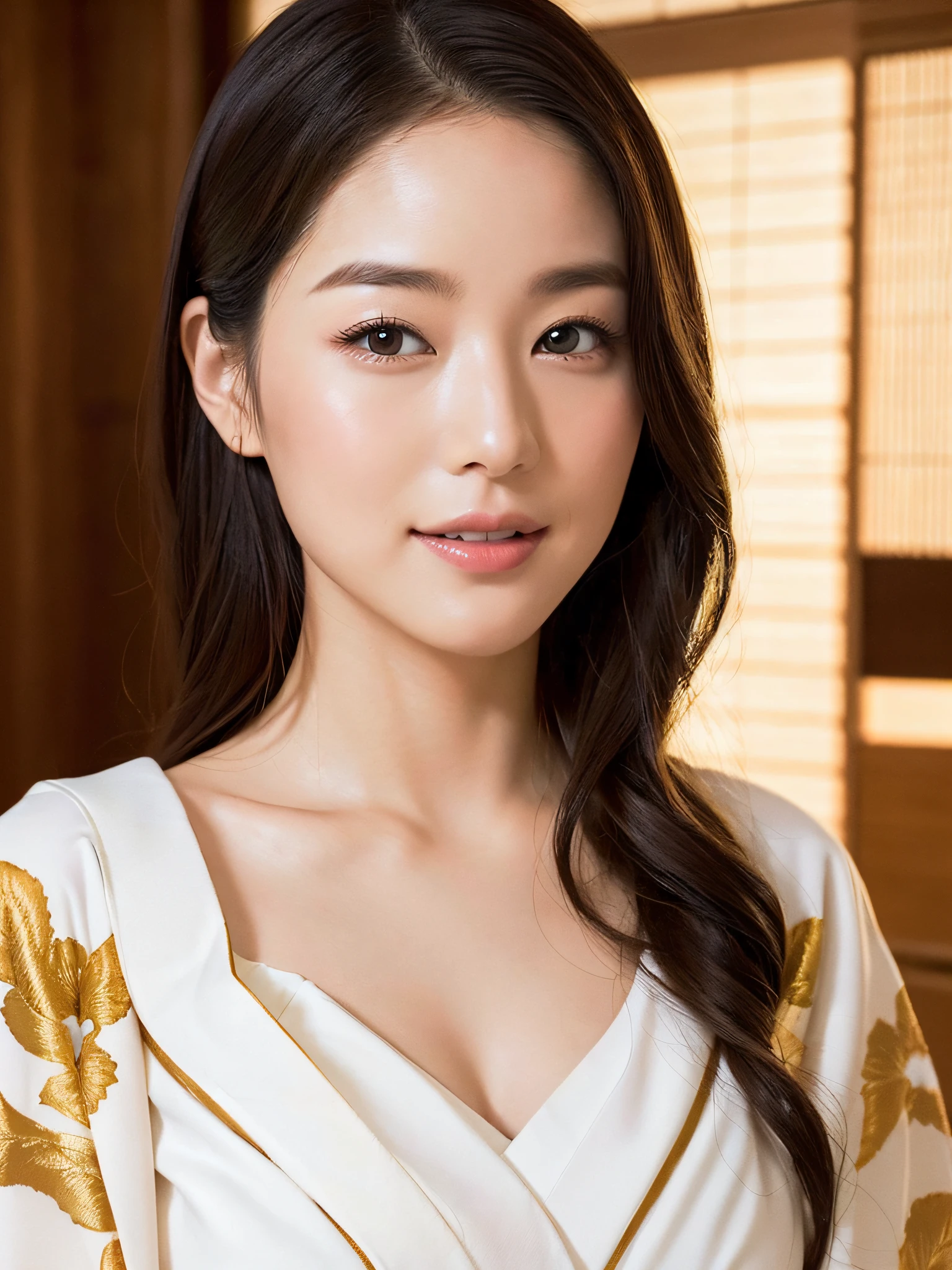 (Photo: Real: 1.4), (Hyperrealistic: 1.4), (Real: 1.3), happy, white skin, big, gentle, kimono, obi
