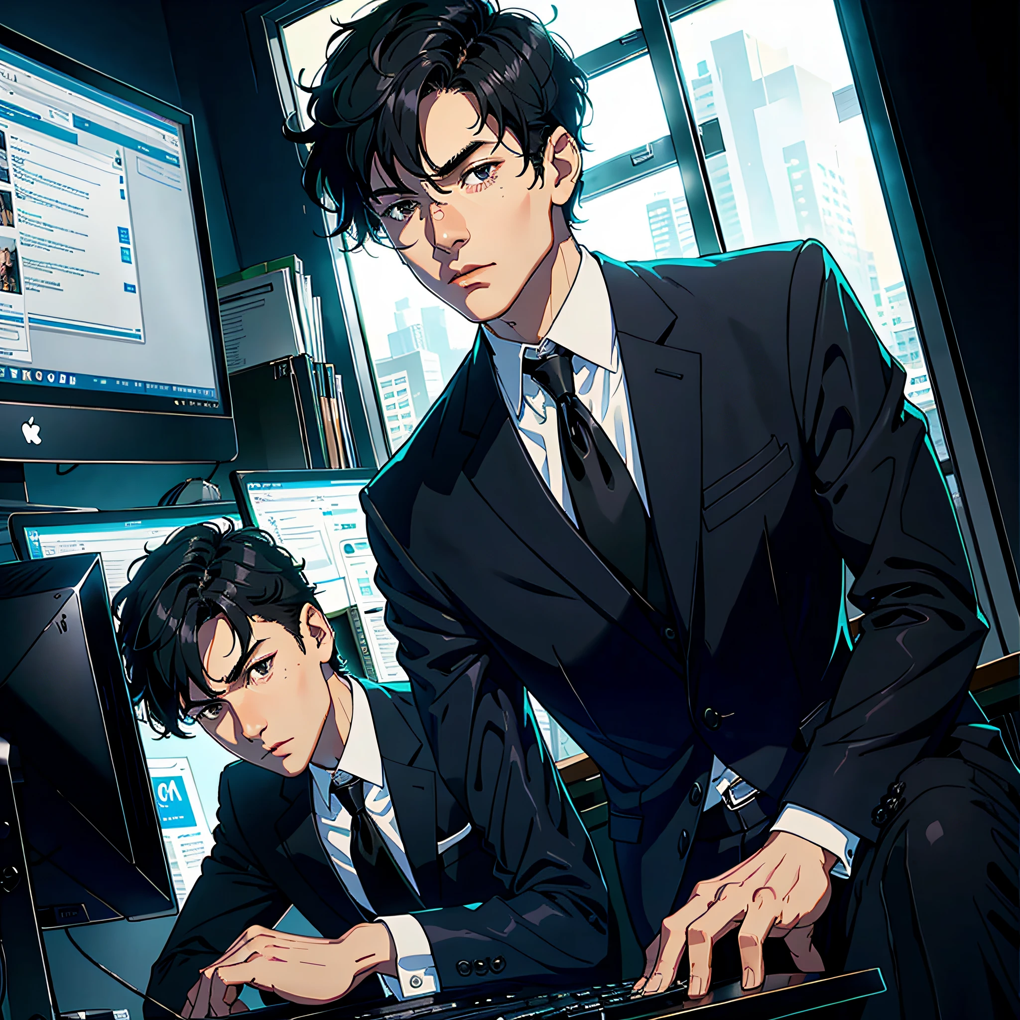 Best picture quality, the finest picture, male, short black hair, black eyes, handsome, delicate face, black suit, sitting in the office, tapping on the keyboard, facing the computer, serious expression