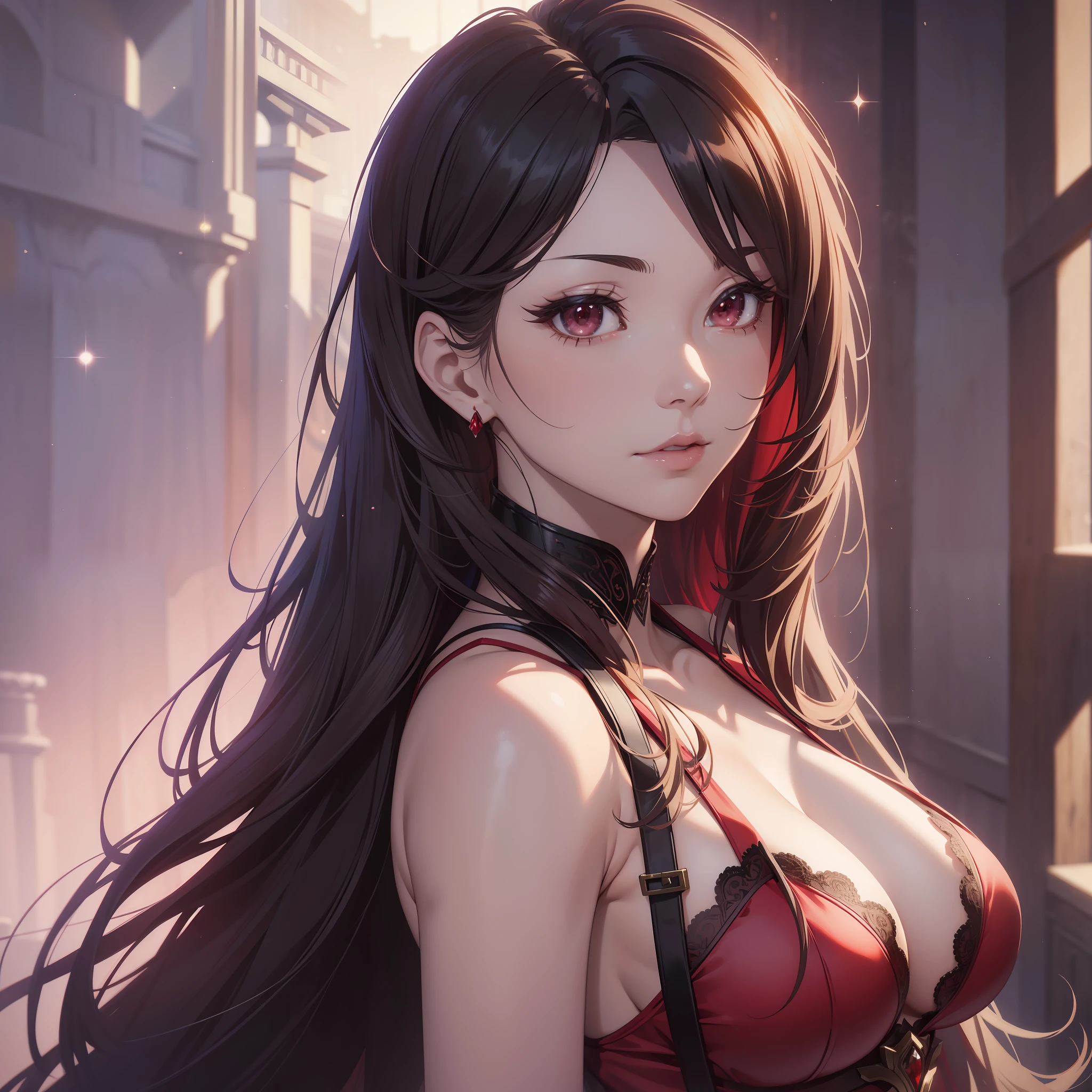 a close up of a woman in a red dress with long hair, beautiful alluring anime woman, a beautiful fantasy empress, inspired by Du Qiong, seductive tifa lockhart portrait, ((a beautiful fantasy empress)), seductive anime girl, beautiful anime woman, glamorous tifa lockheart, beautiful avatar pictures, mai shiranui, lady in red armor, tifa, (lingerie:1.2), photo realistic, upon_body, tyndall effect, photorealistic, dark studio, rim lighting, two tone lighting, (high detailed skin:1.2), 8k uhd, dslr, soft lighting, high quality, volumetric lighting, candid, Photograph, high resolution, 4k, 8k, Bokeh,