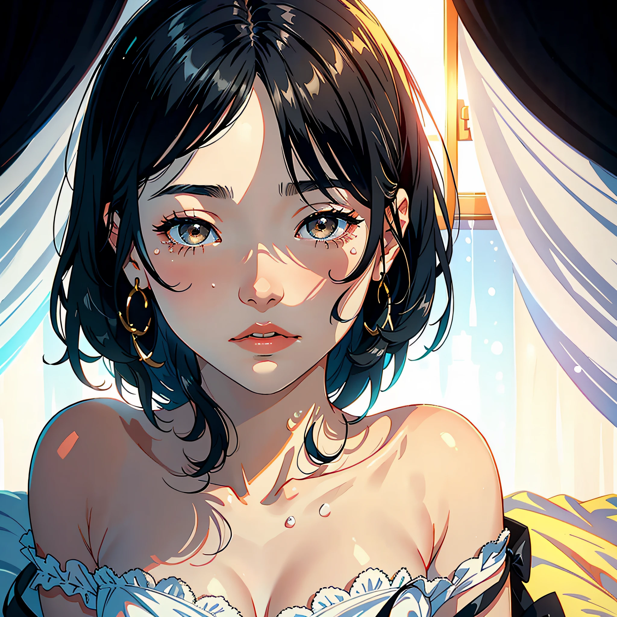 (Masterpiece: 1.2, High quality: 1.2) 1 woman, black hair, black eyes, white dress, delicate face, teary eyes sitting on the bed, face full of teardrops, first-person perspective perception, high emotion, touching.